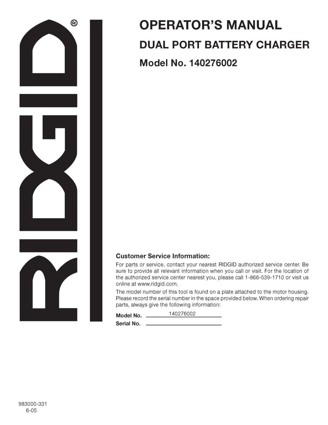 RIDGID 140276002 manual Customer Service Information 