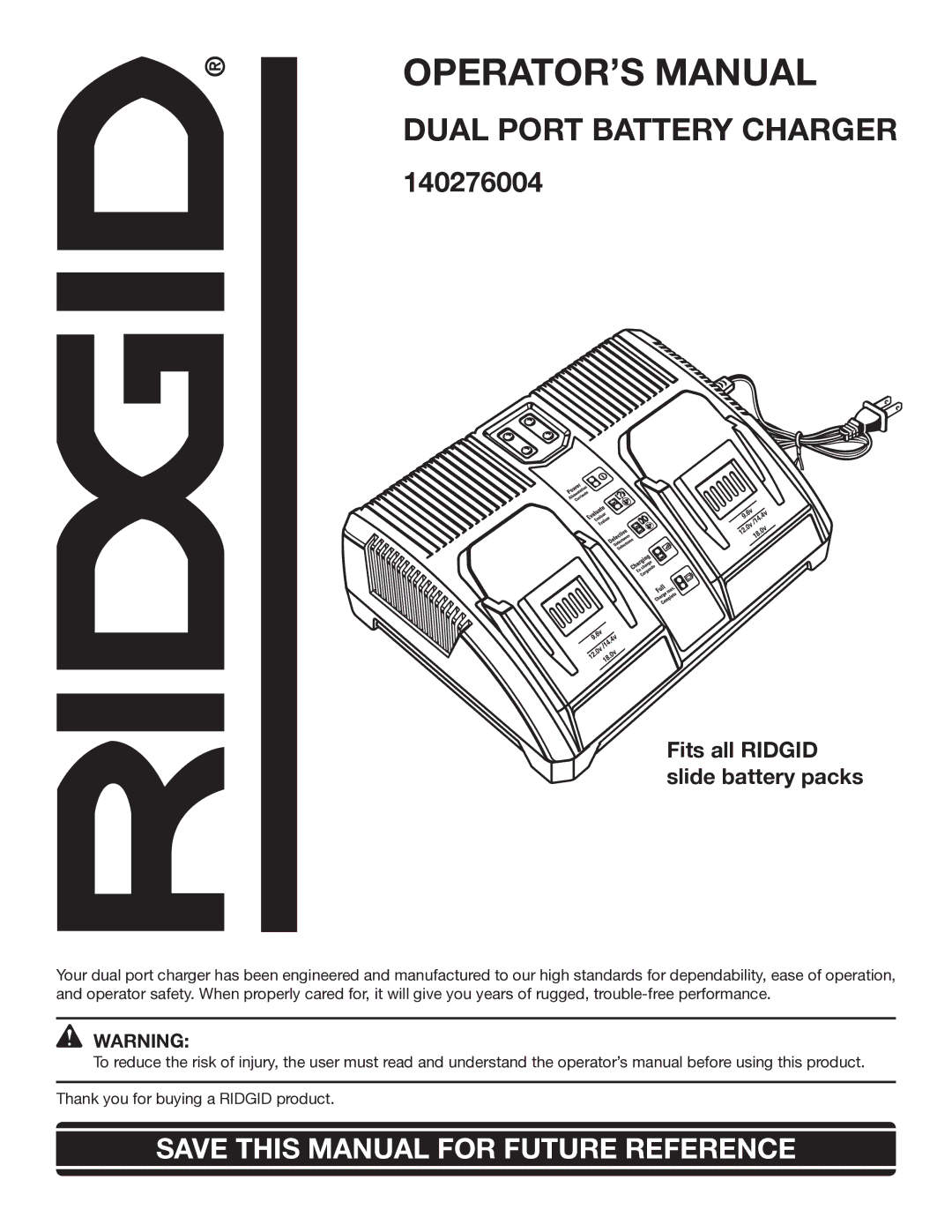 RIDGID 140276004 manual OPERATOR’S Manual, Dual Port Battery Charger 