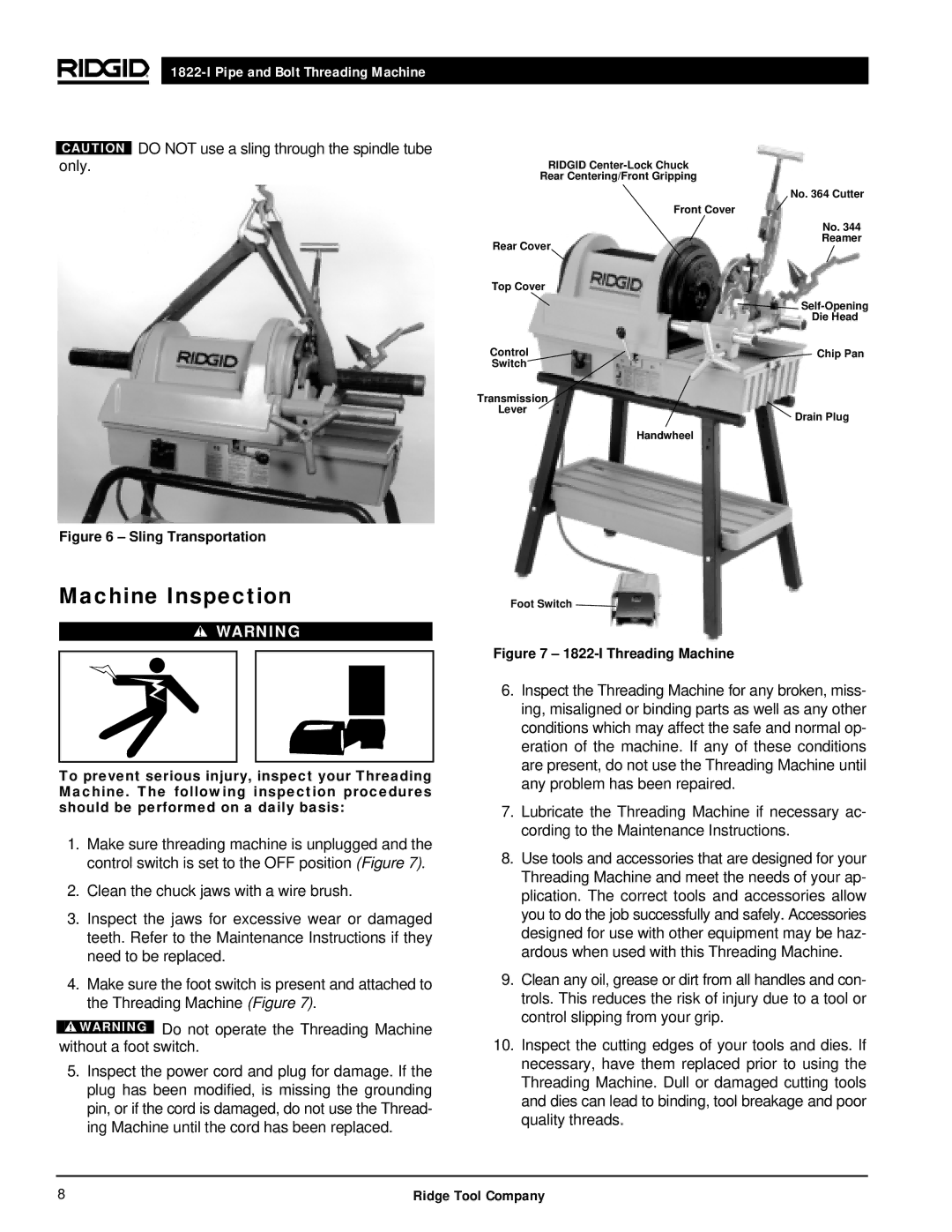 RIDGID 1822-I manual Machine Inspection, Sling Transportation 