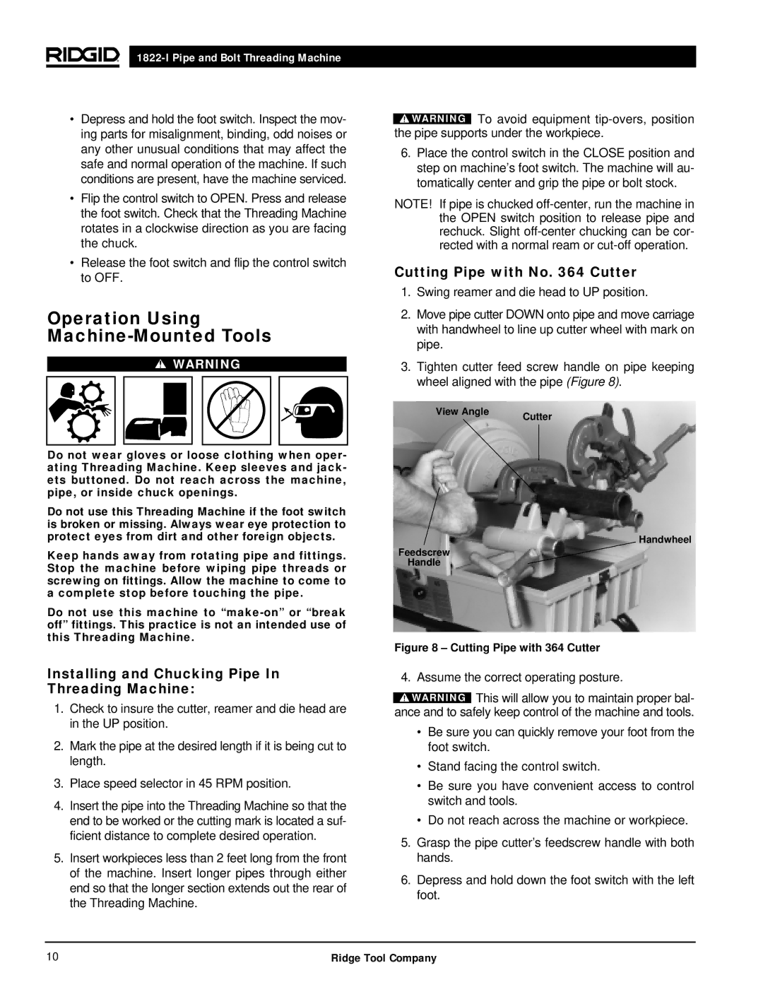 RIDGID 1822-I manual Operation Using Machine-Mounted Tools, Installing and Chucking Pipe In Threading Machine, View Angle 