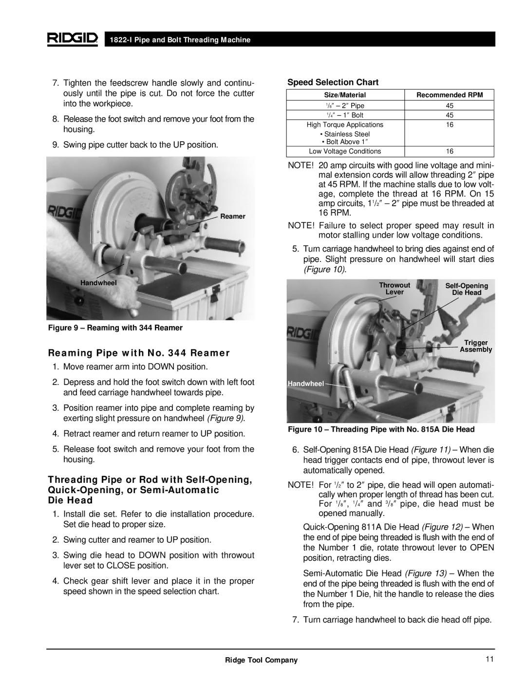 RIDGID 1822-I manual Reaming Pipe with No Reamer, Speed Selection Chart, Reamer Handwheel, Size/Material Recommended RPM 