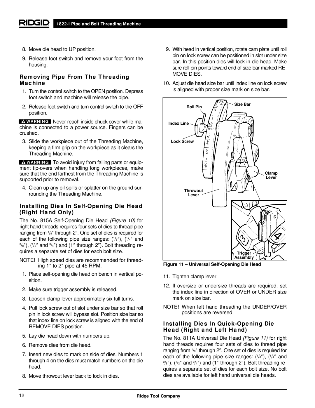 RIDGID 1822-I Removing Pipe From The Threading Machine, Installing Dies In Self-Opening Die Head Right Hand Only, Trigger 