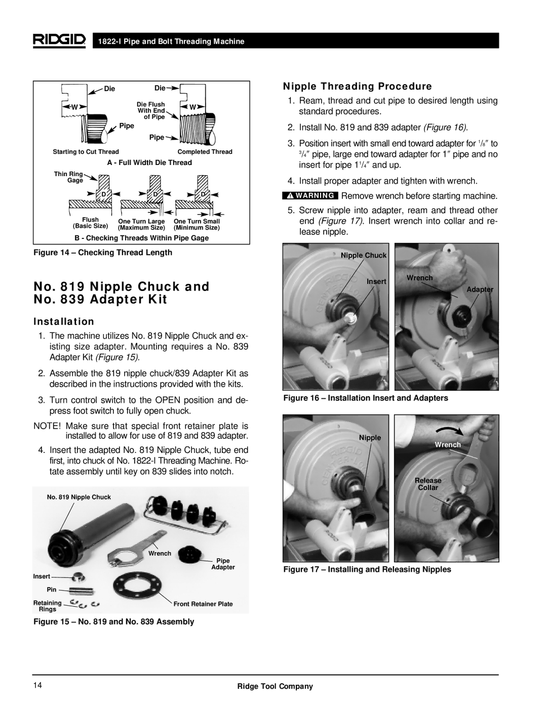 RIDGID 1822-I manual No Nipple Chuck and No Adapter Kit, Installation, Nipple Threading Procedure 