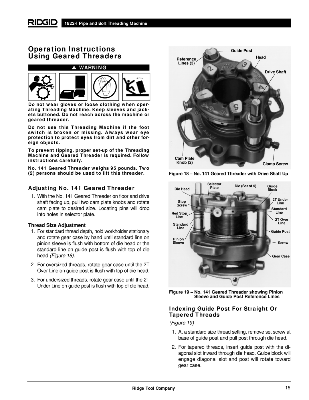 RIDGID 1822-I manual Operation Instructions Using Geared Threaders, Adjusting No Geared Threader, Thread Size Adjustment 