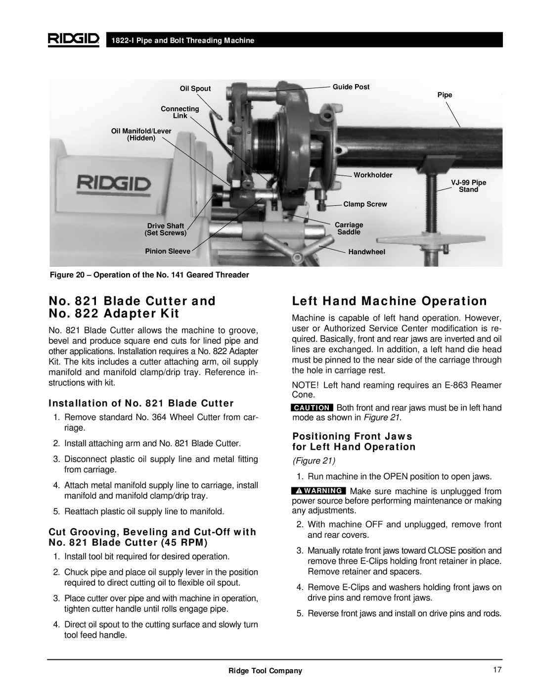 RIDGID 1822-I manual No Blade Cutter and No Adapter Kit, Left Hand Machine Operation, Installation of No Blade Cutter 