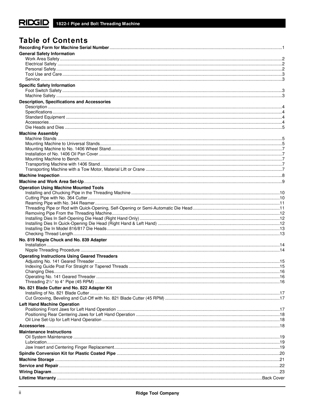 RIDGID 1822-I manual Table of Contents 