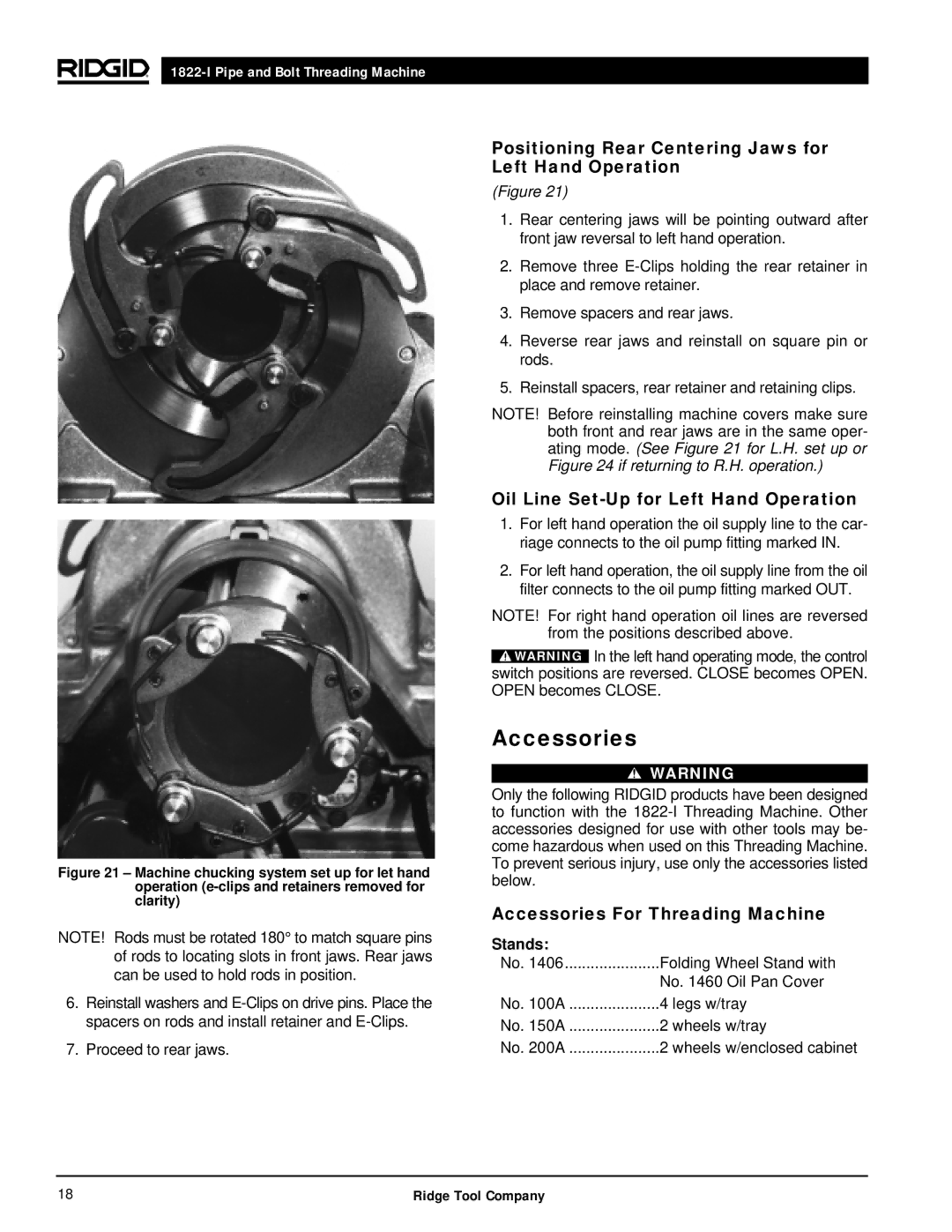 RIDGID 1822-I manual Positioning Rear Centering Jaws for Left Hand Operation, Accessories For Threading Machine, Stands 