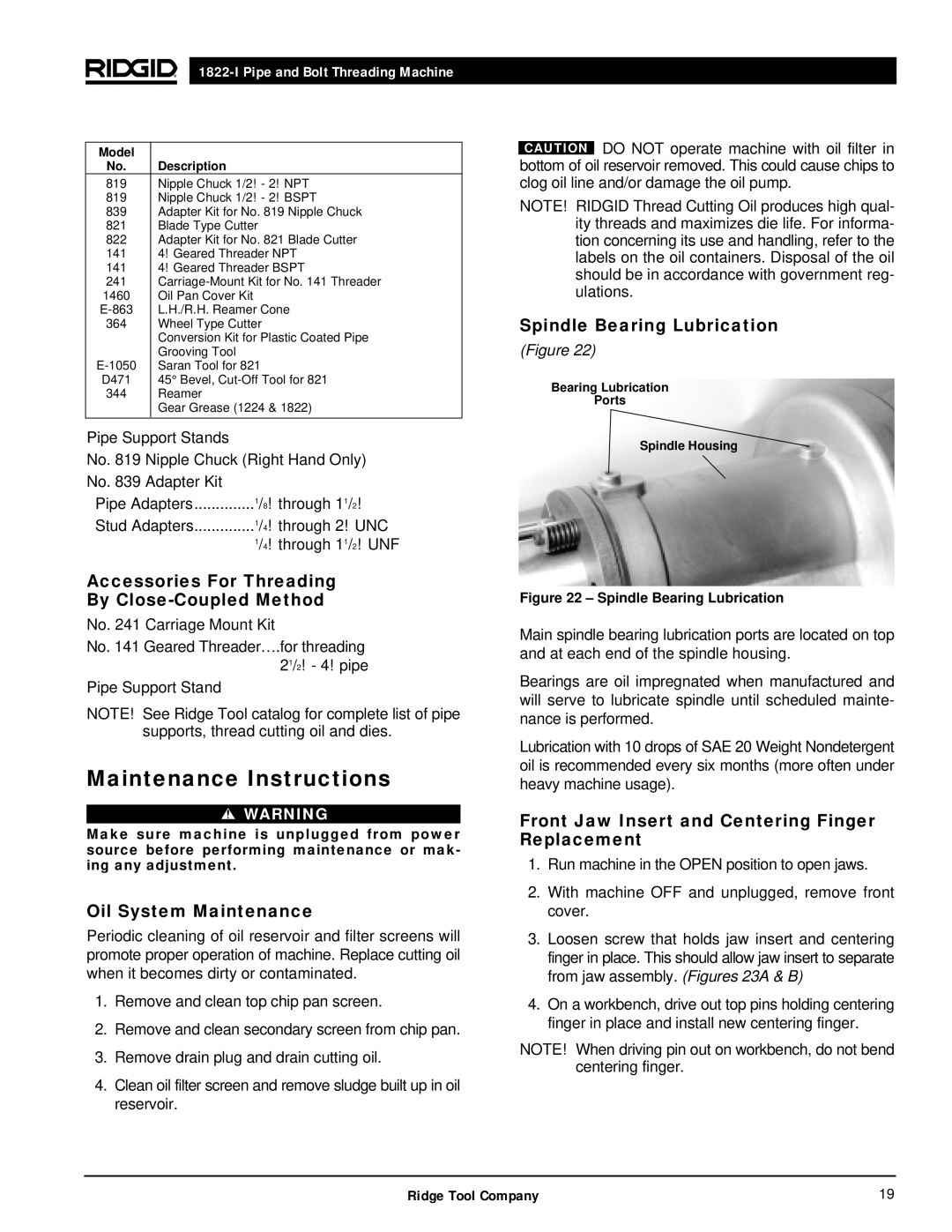 RIDGID 1822-I manual Maintenance Instructions, Accessories For Threading By Close-Coupled Method, Oil System Maintenance 