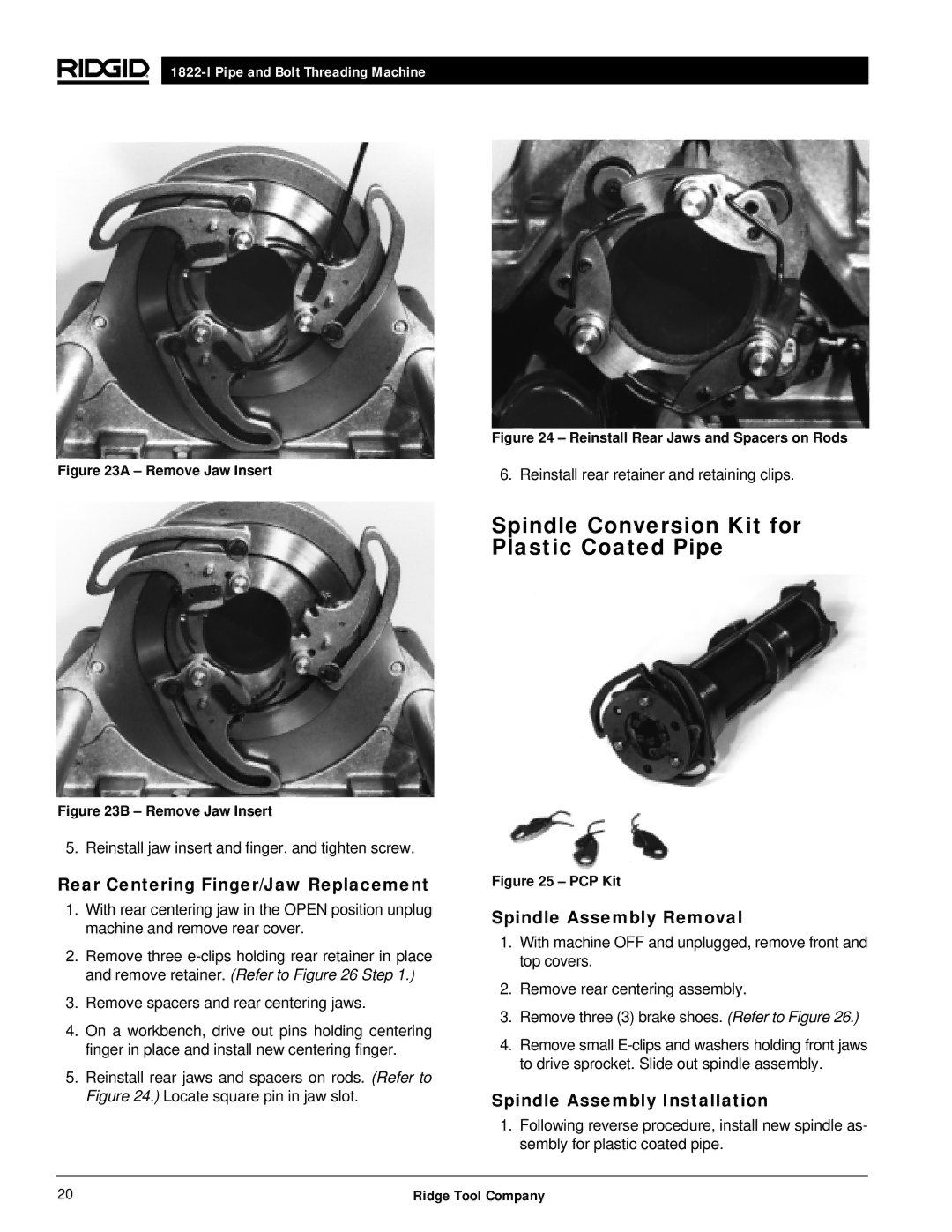 RIDGID 1822-I manual Spindle Conversion Kit for Plastic Coated Pipe, Rear Centering Finger/Jaw Replacement 