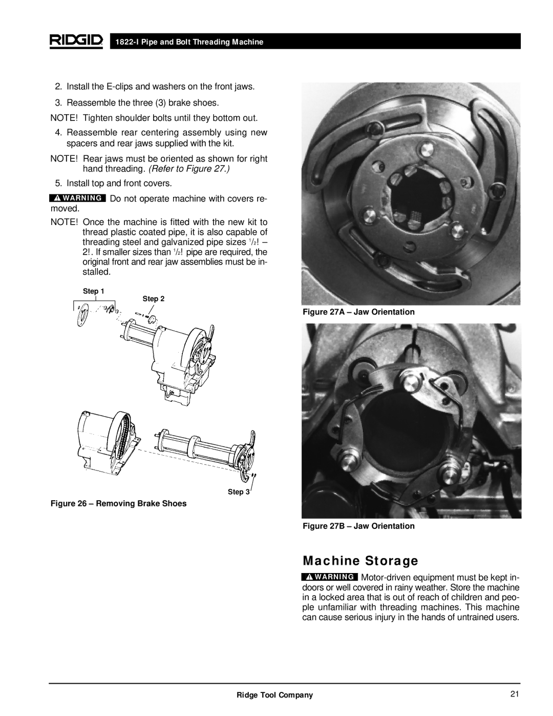 RIDGID 1822-I manual Machine Storage, Step 