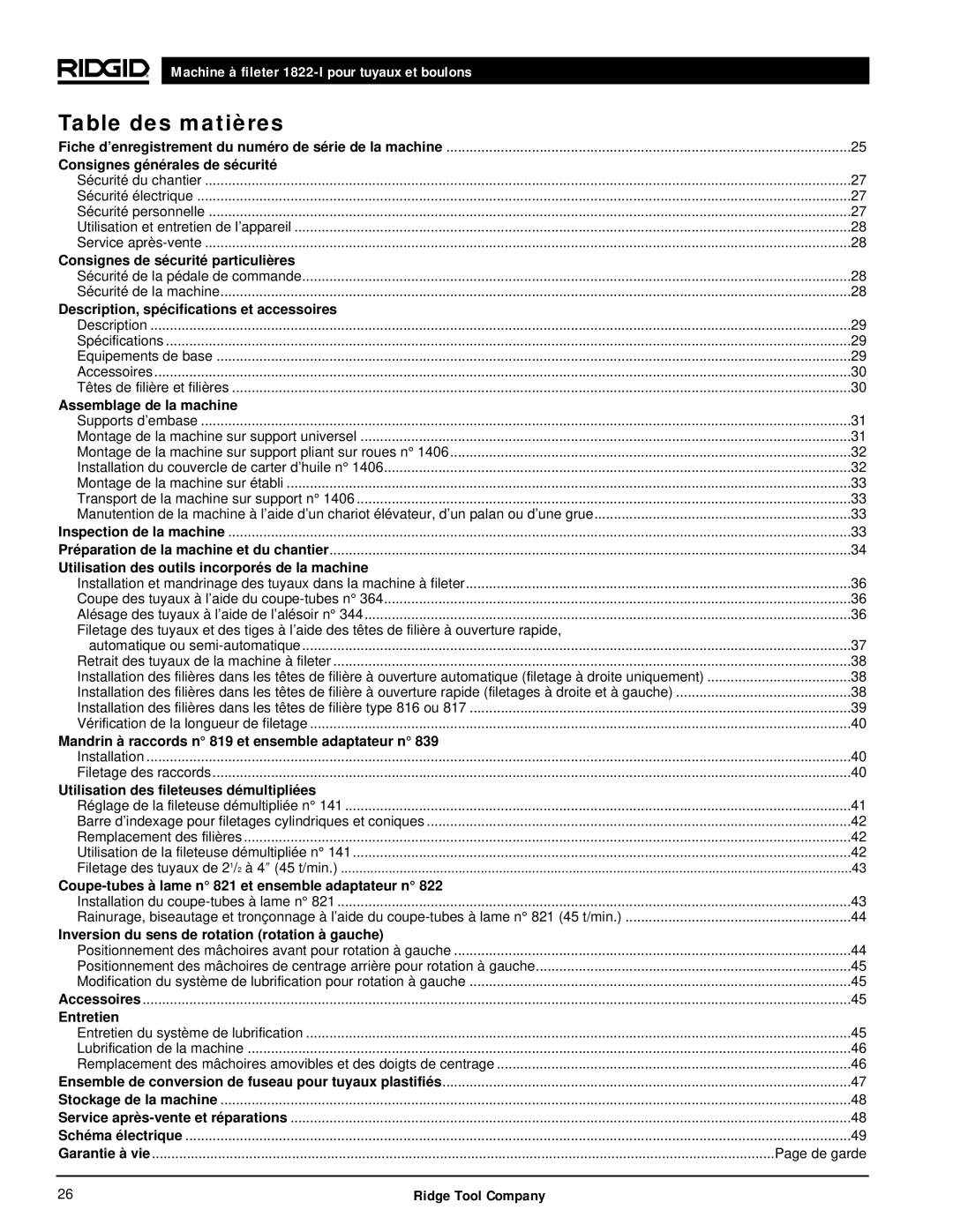 RIDGID 1822-I manual Table des matières, Consignes générales de sécurité 