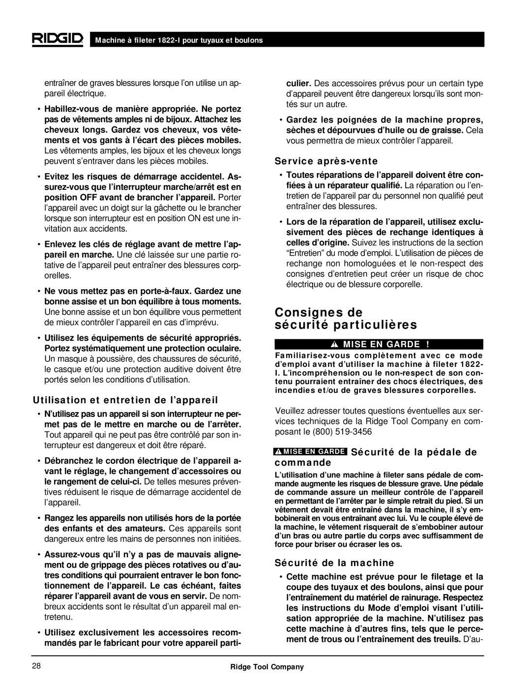 RIDGID 1822-I manual Consignes de sécurité particulières, Utilisation et entretien de l’appareil, Service après-vente 