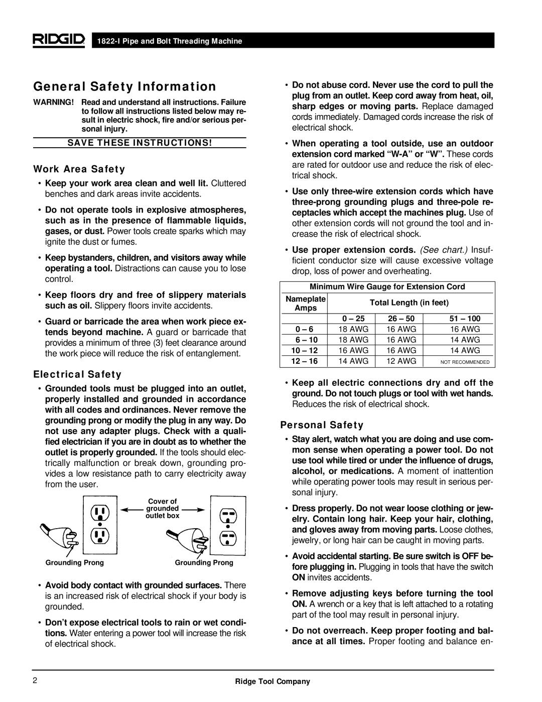 RIDGID 1822-I manual General Safety Information, Work Area Safety, Electrical Safety, Personal Safety 