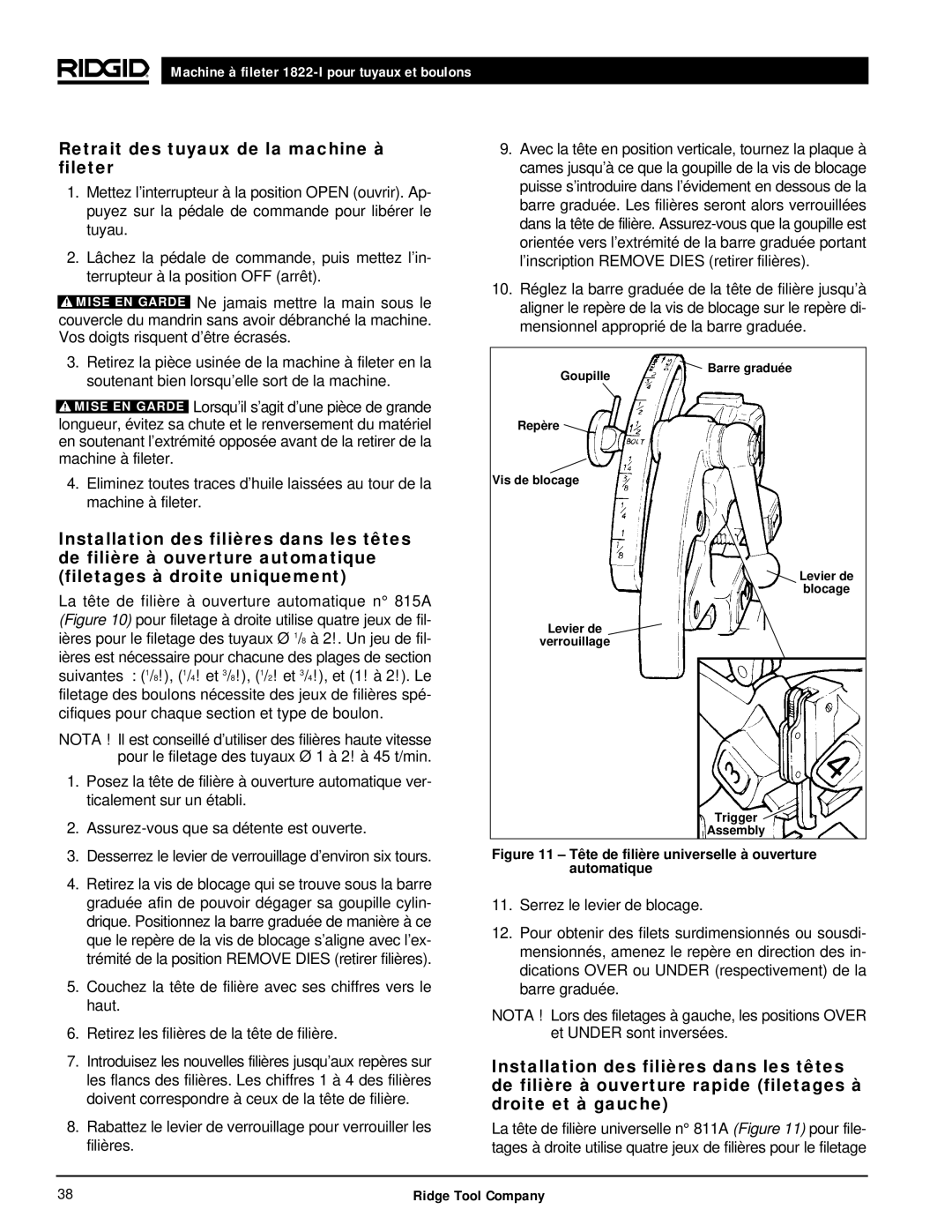 RIDGID 1822-I manual Retrait des tuyaux de la machine à fileter, Levier de verrouillage Trigger Assembly 