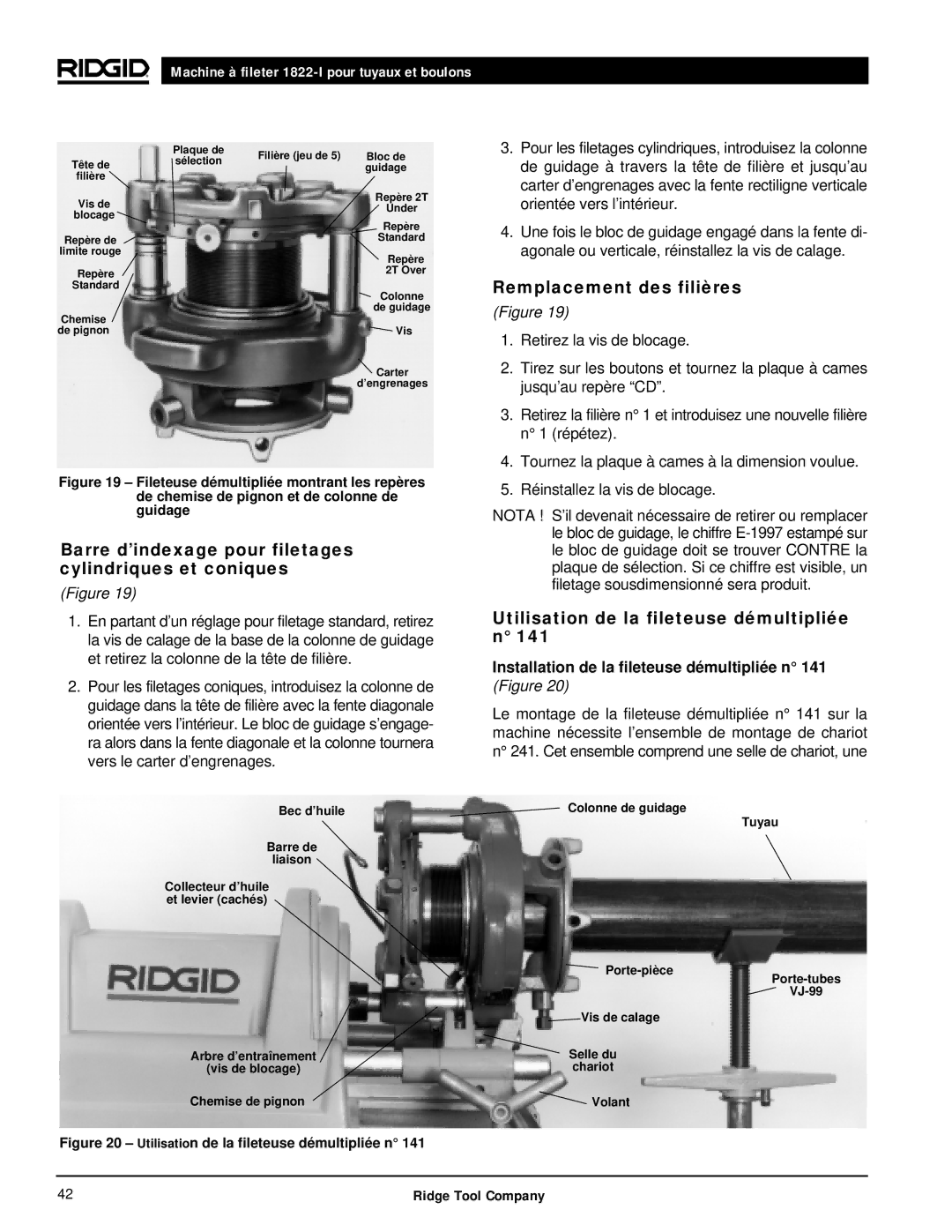 RIDGID 1822-I manual Barre d’indexage pour filetages cylindriques et coniques, Remplacement des filières 