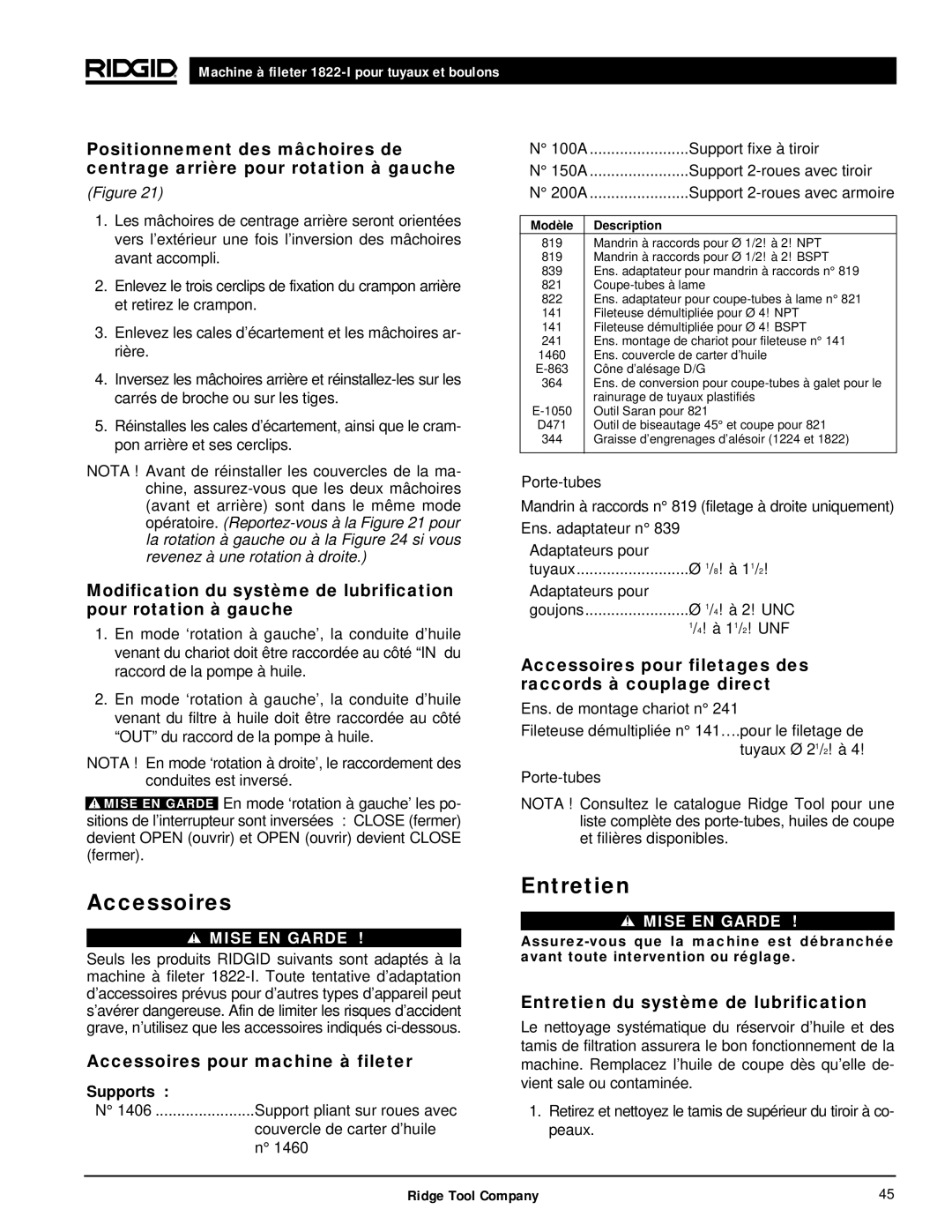 RIDGID 1822-I Entretien, Accessoires pour filetages des raccords à couplage direct, Accessoires pour machine à fileter 