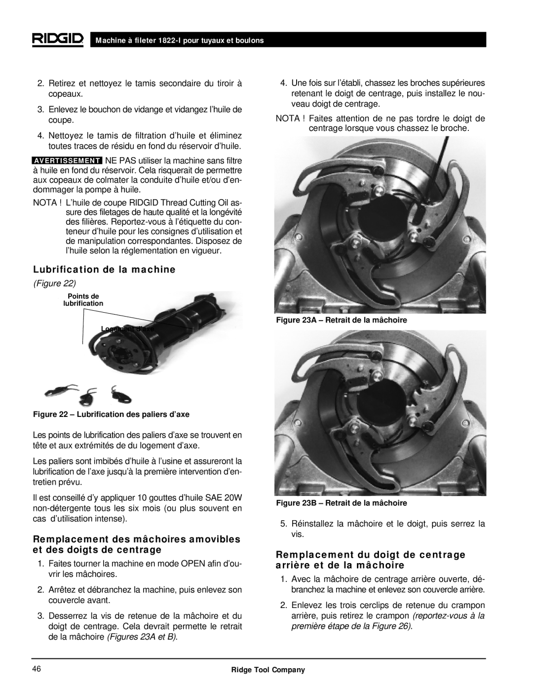 RIDGID 1822-I manual Lubrification de la machine, Remplacement du doigt de centrage arrière et de la mâchoire 