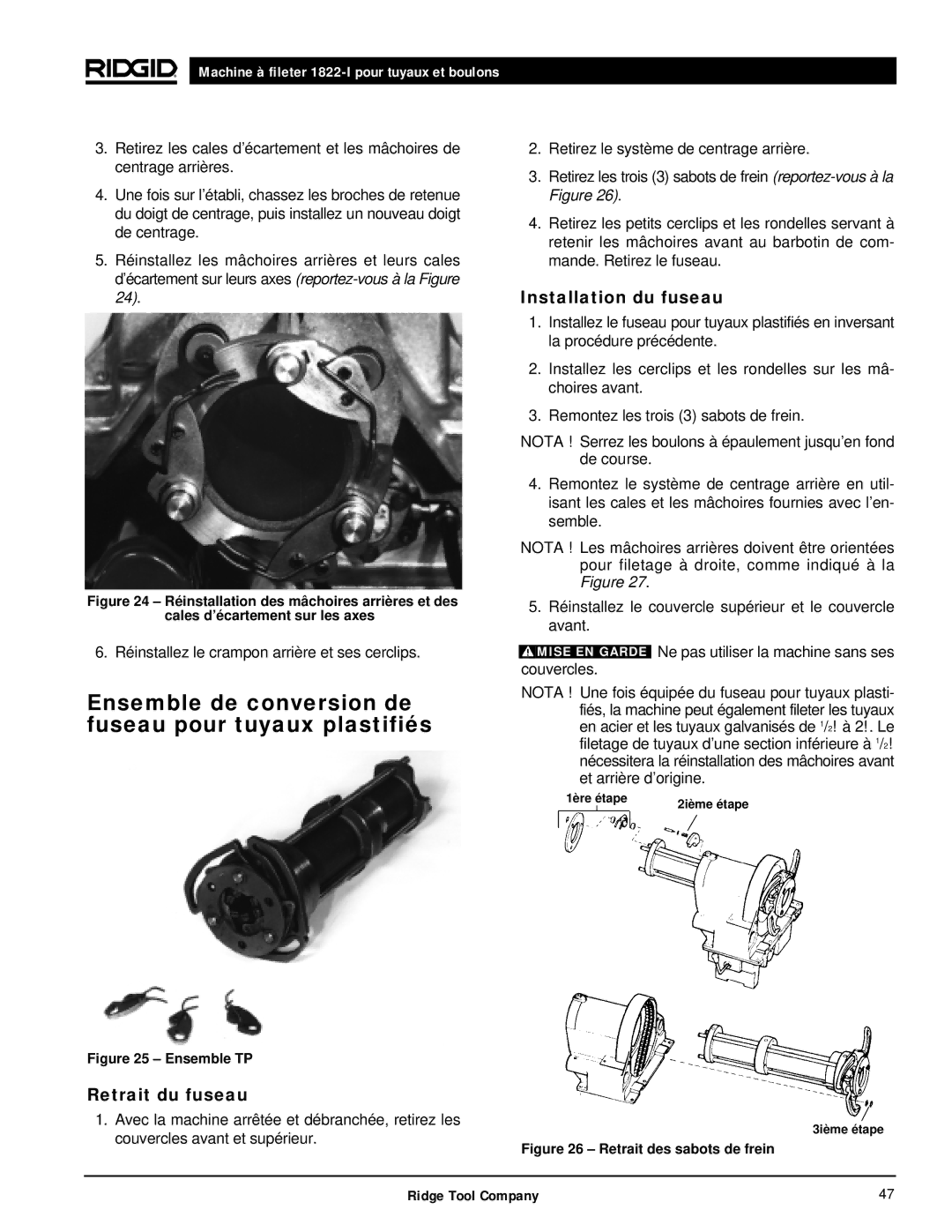 RIDGID 1822-I manual Ensemble de conversion de fuseau pour tuyaux plastifiés, Retrait du fuseau, Installation du fuseau 