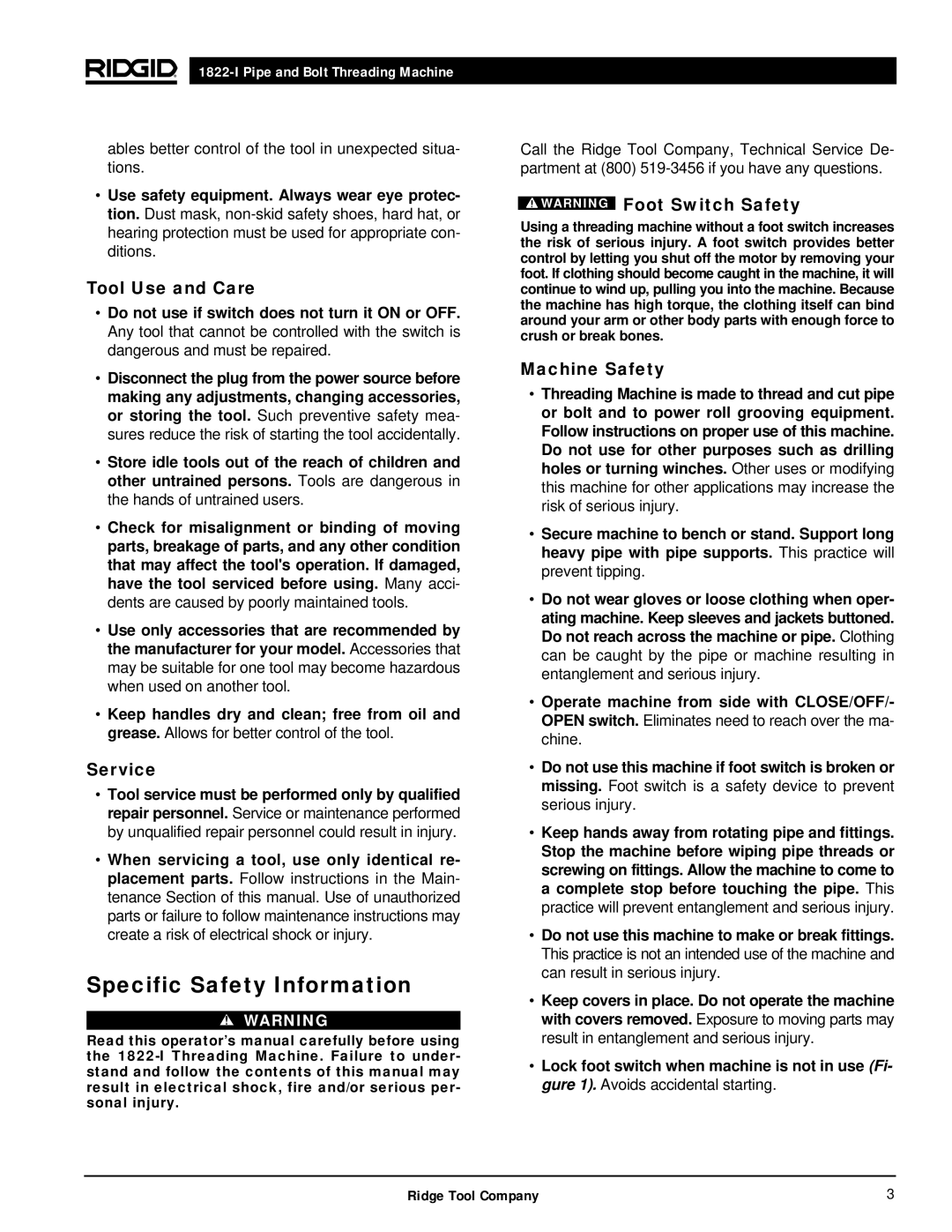 RIDGID 1822-I manual Specific Safety Information, Tool Use and Care, Service, Machine Safety 