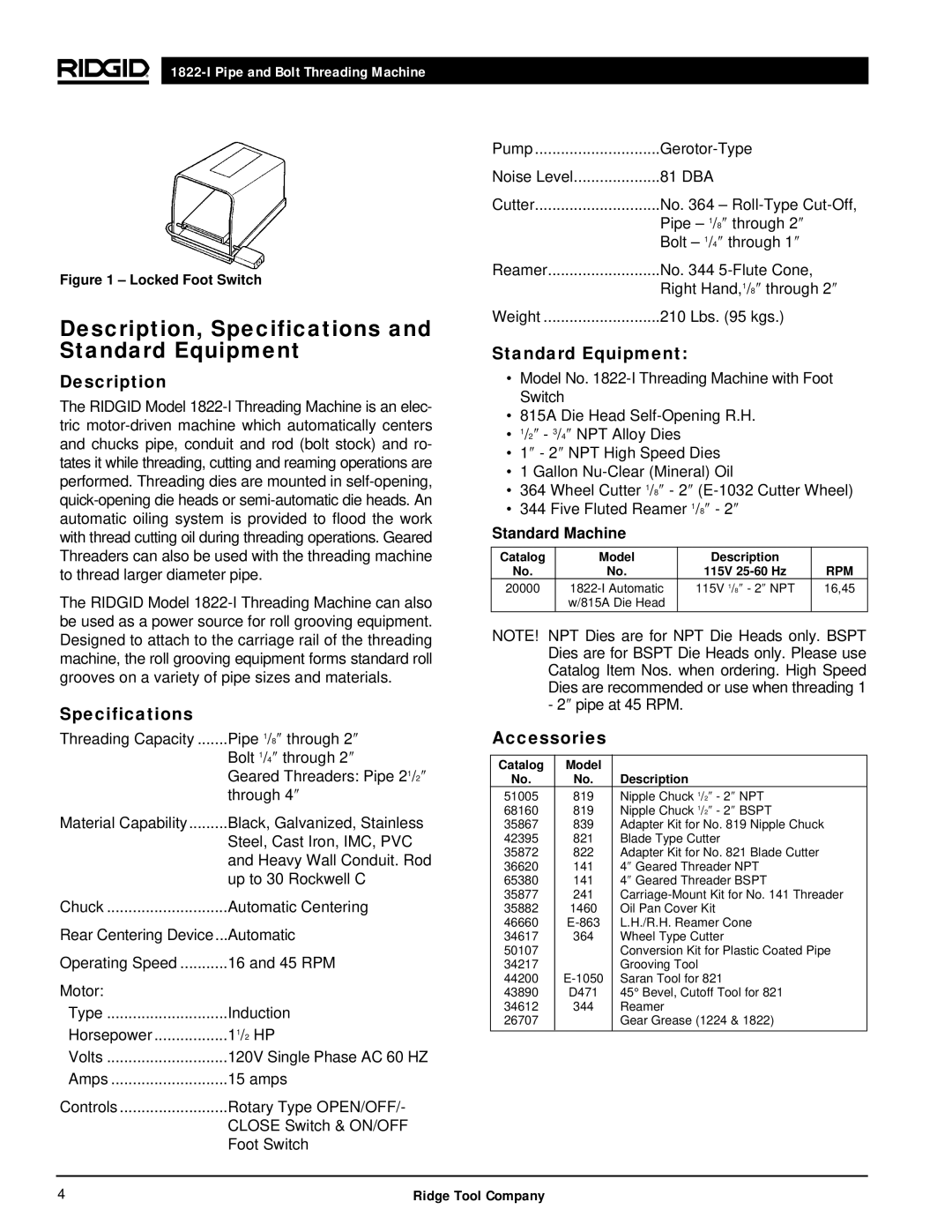 RIDGID 1822-I manual Description, Specifications and Standard Equipment, Accessories 