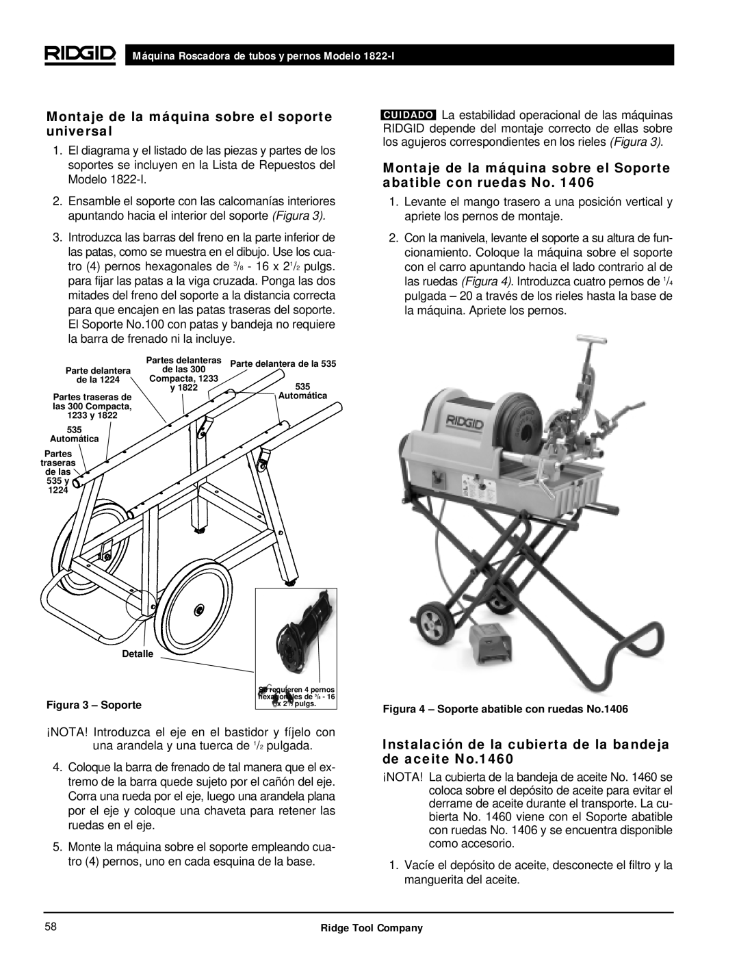 RIDGID 1822-I Montaje de la máquina sobre el soporte universal, Instalación de la cubierta de la bandeja de aceite No.1460 