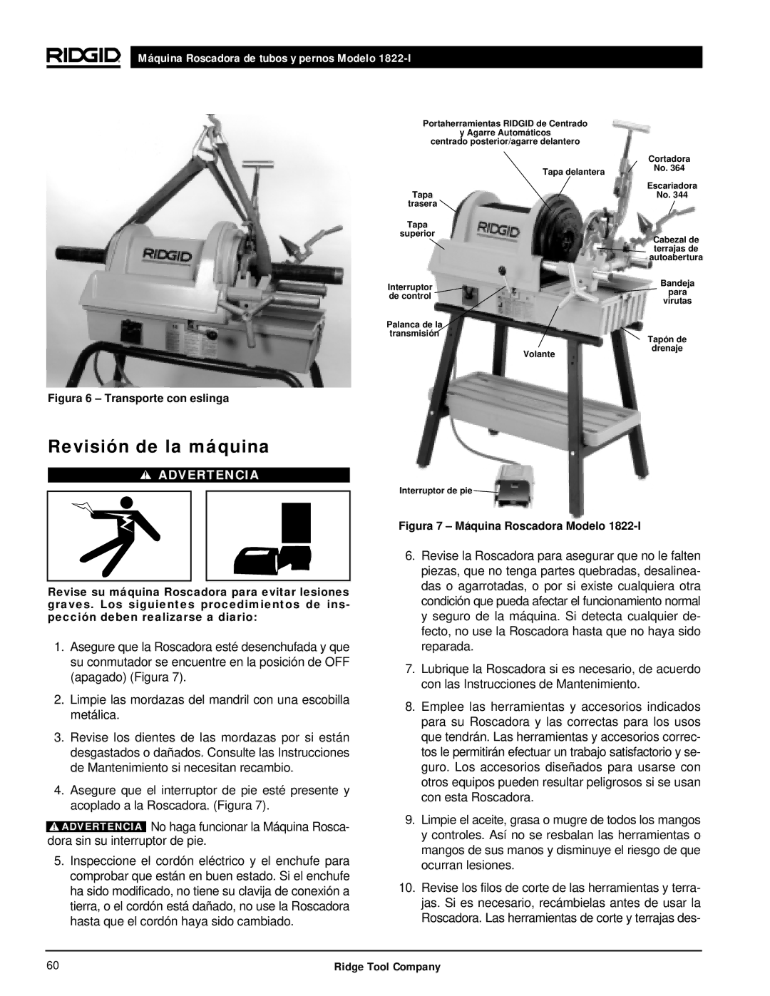 RIDGID 1822-I manual Revisión de la máquina, Figura 6 Transporte con eslinga 