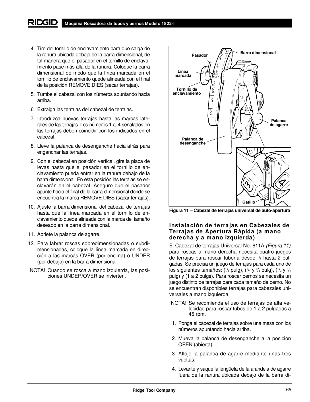 RIDGID 1822-I manual Figura 11 Cabezal de terrajas universal de auto-apertura, Pasador Barra dimensional 