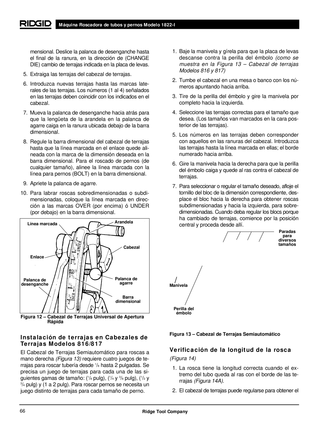 RIDGID 1822-I manual Verificación de la longitud de la rosca, Línea marcada Arandela Cabezal Enlace, Palanca de, Agarre 