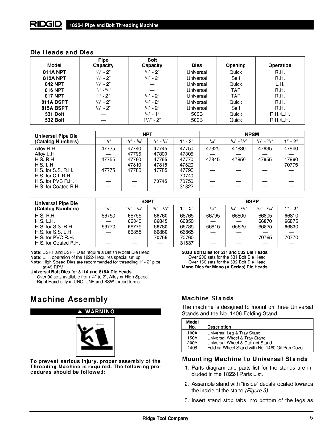 RIDGID 1822-I manual Machine Assembly, Die Heads and Dies, Machine Stands, Mounting Machine to Universal Stands 