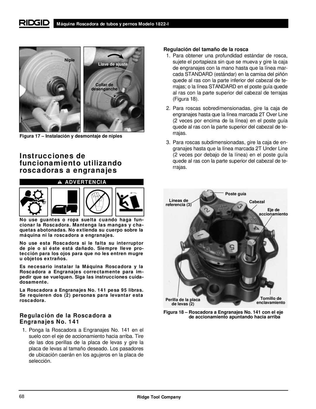 RIDGID 1822-I manual Regulación de la Roscadora a Engranajes No, Regulación del tamaño de la rosca 