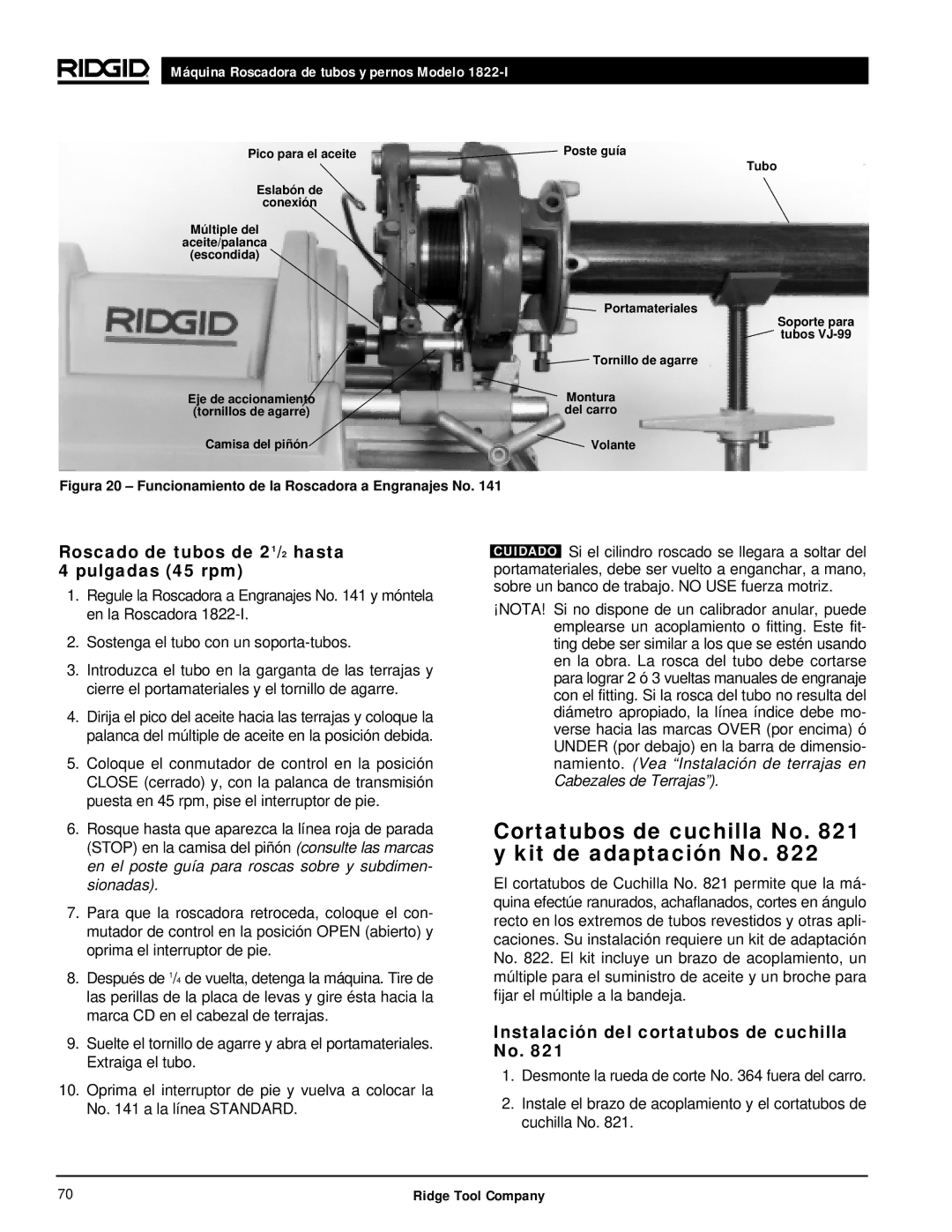 RIDGID 1822-I manual Cortatubos de cuchilla No y kit de adaptación No, Roscado de tubos de 21/2 hasta 4 pulgadas 45 rpm 