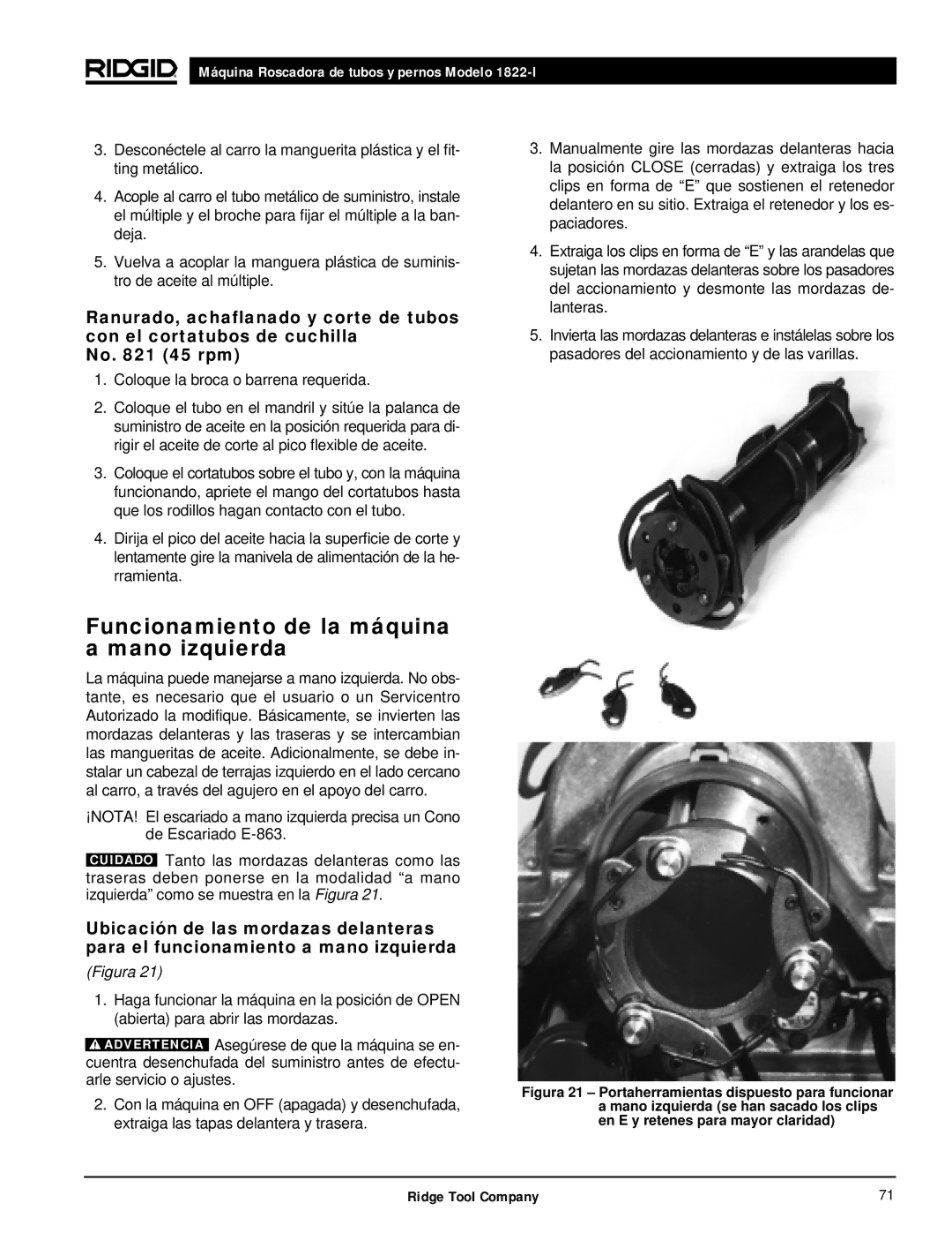 RIDGID 1822-I manual Funcionamiento de la máquina a mano izquierda 