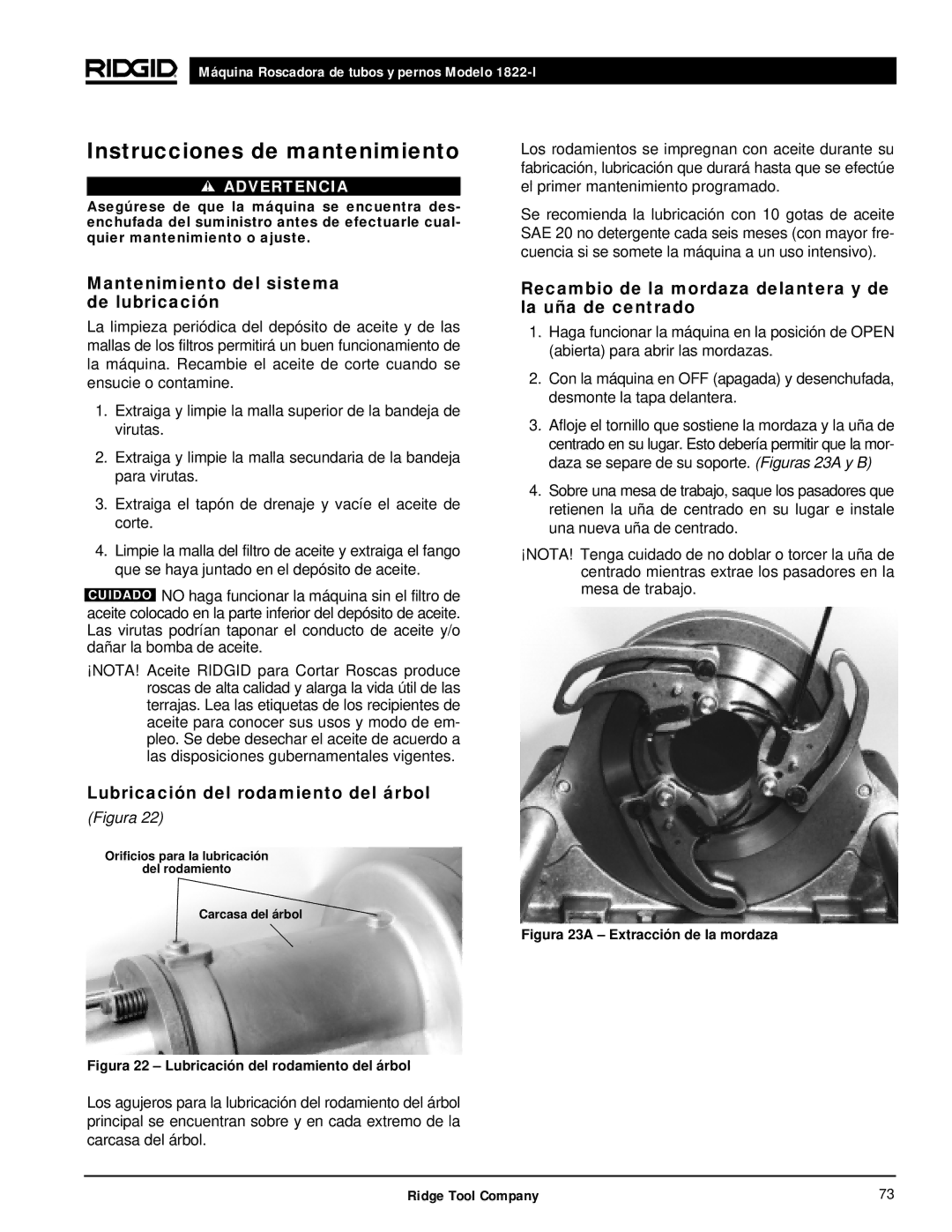 RIDGID 1822-I manual Instrucciones de mantenimiento, Mantenimiento del sistema de lubricación, Carcasa del árbol 