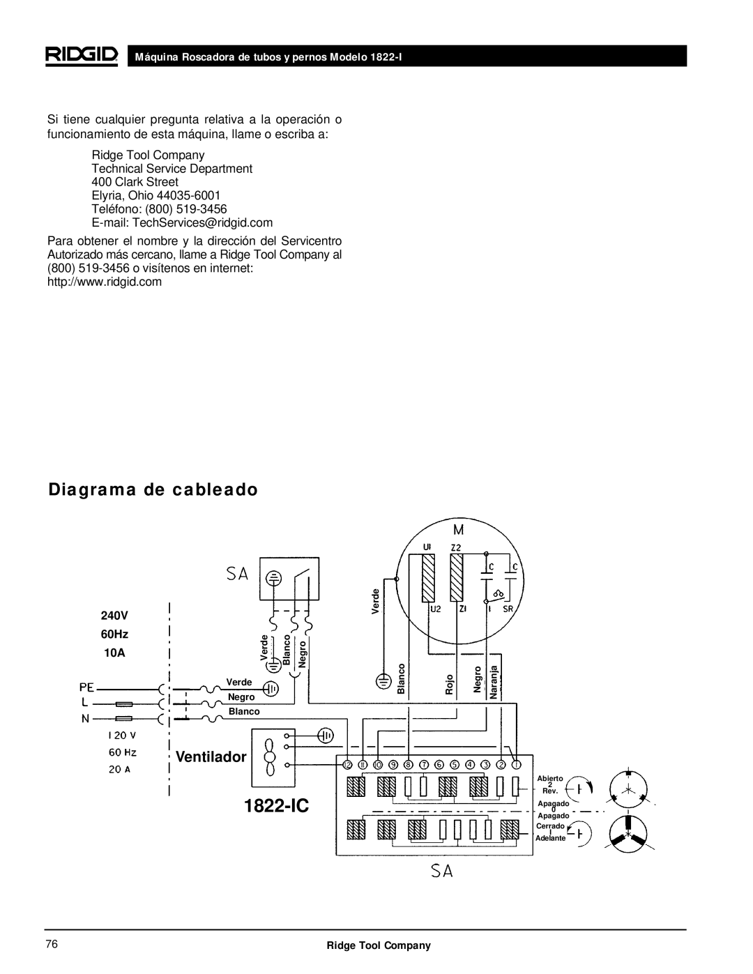 RIDGID 1822-I manual Diagrama de cableado, 240V 60Hz 10A 