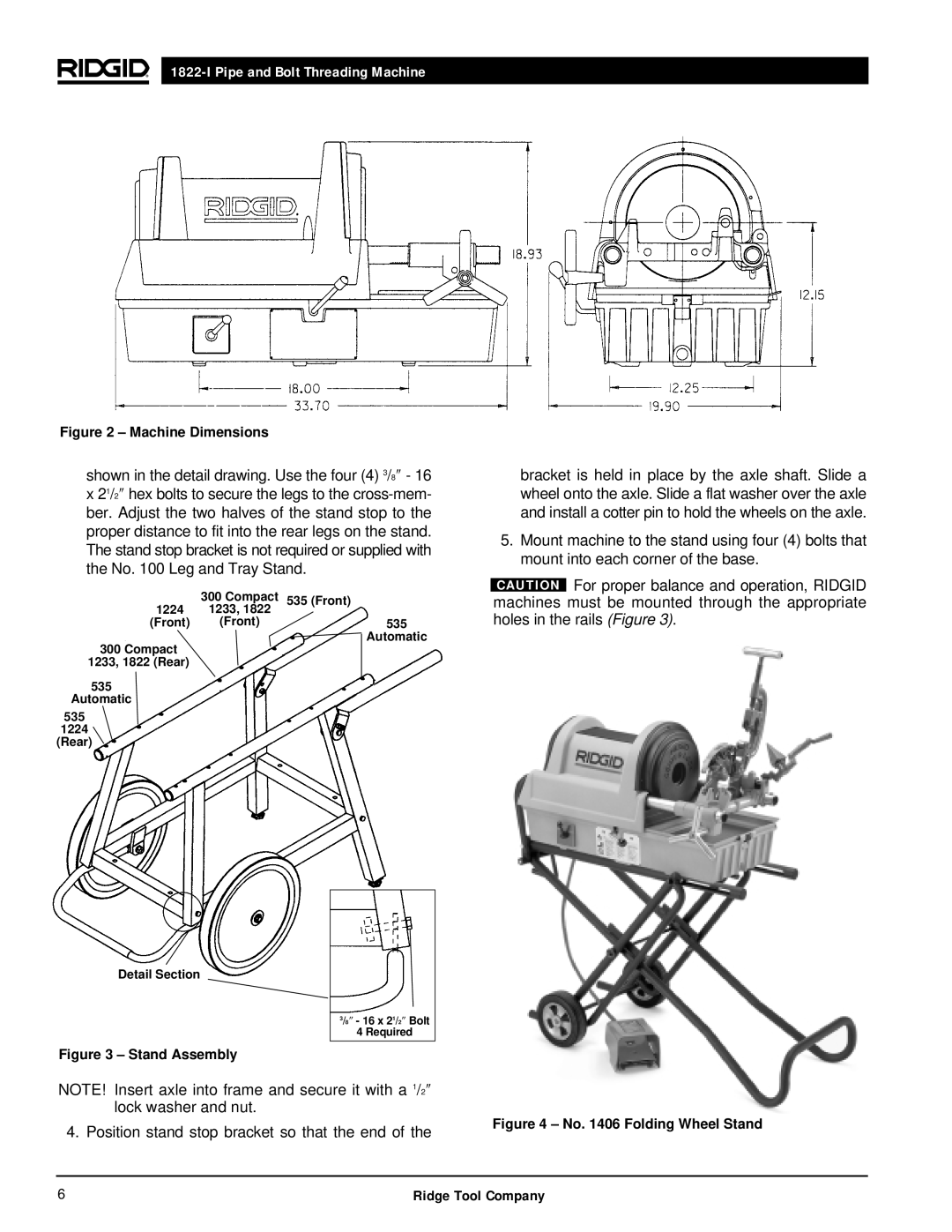 RIDGID 1822-I manual Position stand stop bracket so that the end 