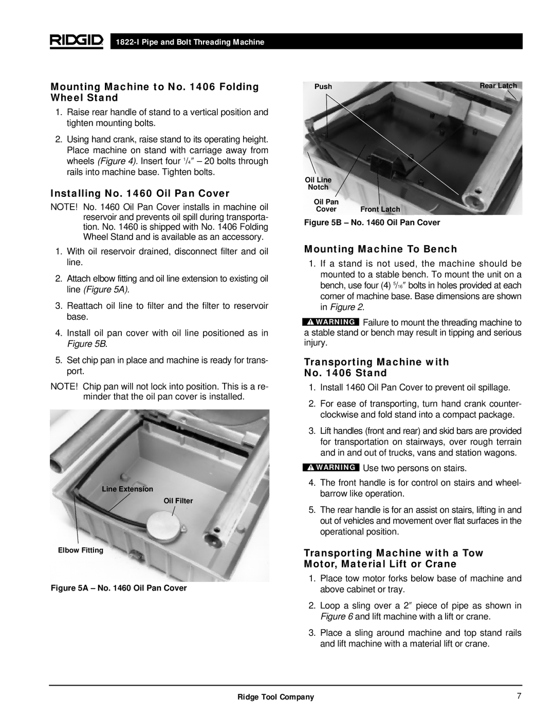 RIDGID 1822-I manual Mounting Machine to No Folding Wheel Stand, Installing No Oil Pan Cover, Mounting Machine To Bench 