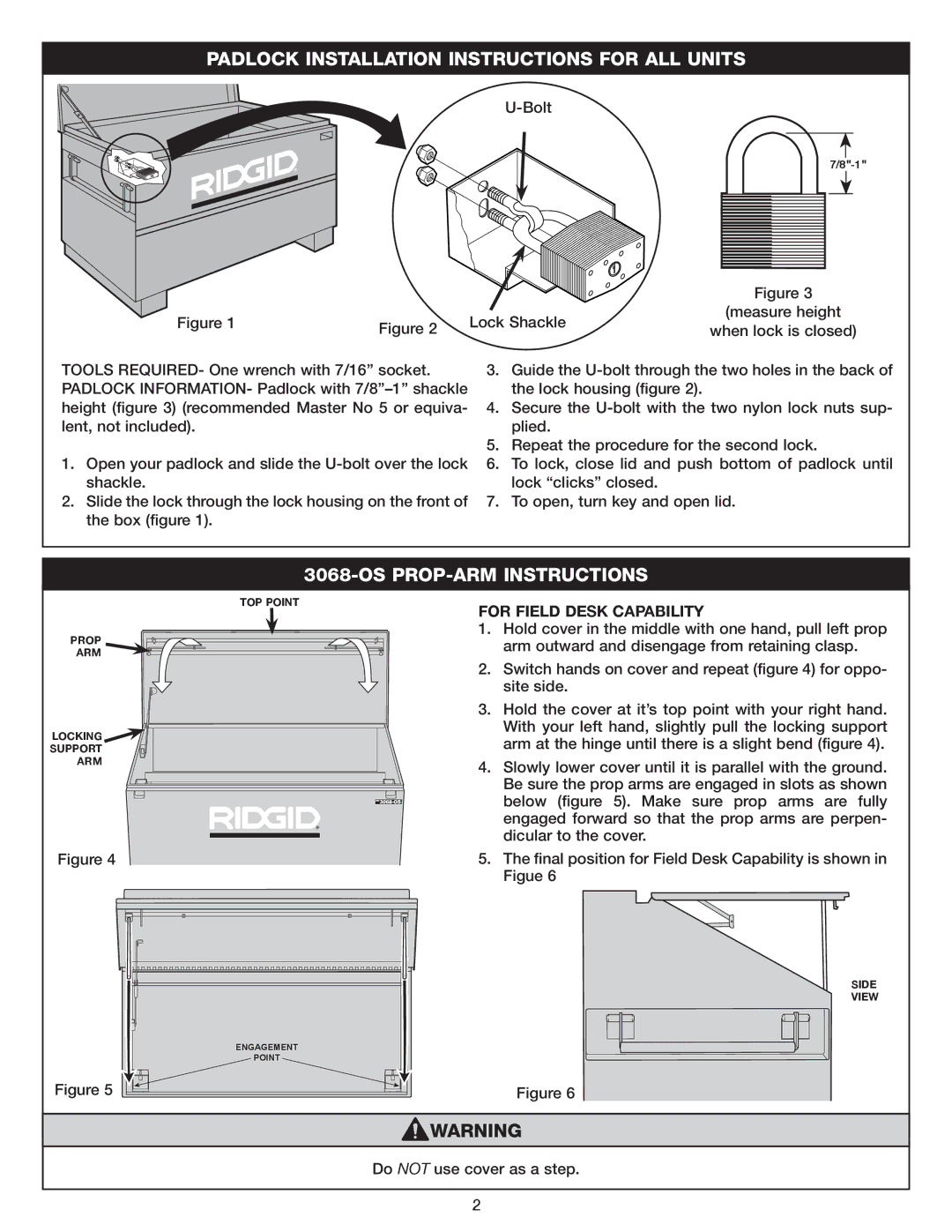 RIDGID 3068-OS Padlock Installation Instructions for ALL Units, OS PROP-ARM Instructions, For Field Desk Capability 