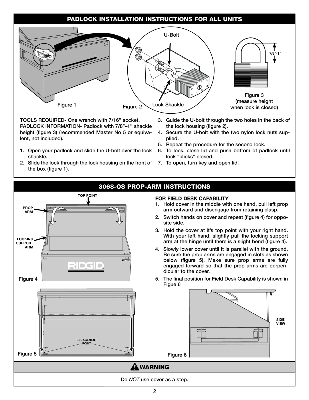 RIDGID 3068-OS Padlock Installation Instructions For All Units, Os Prop-Arm Instructions, For Field Desk Capability 