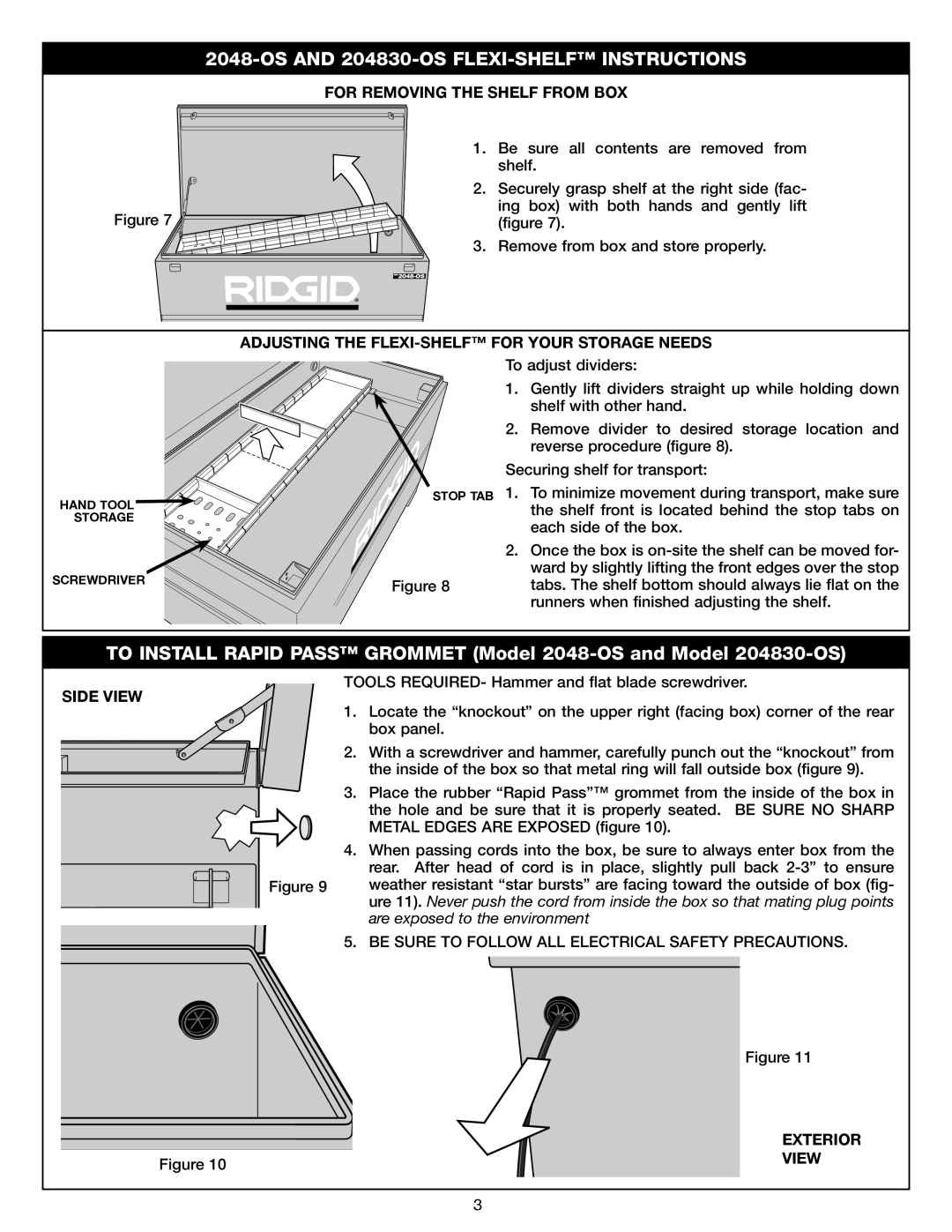 RIDGID OS AND 204830-OS FLEXI-SHELF INSTRUCTIONS, TO INSTALL RAPID PASS GROMMET Model 2048-OS and Model 204830-OS 