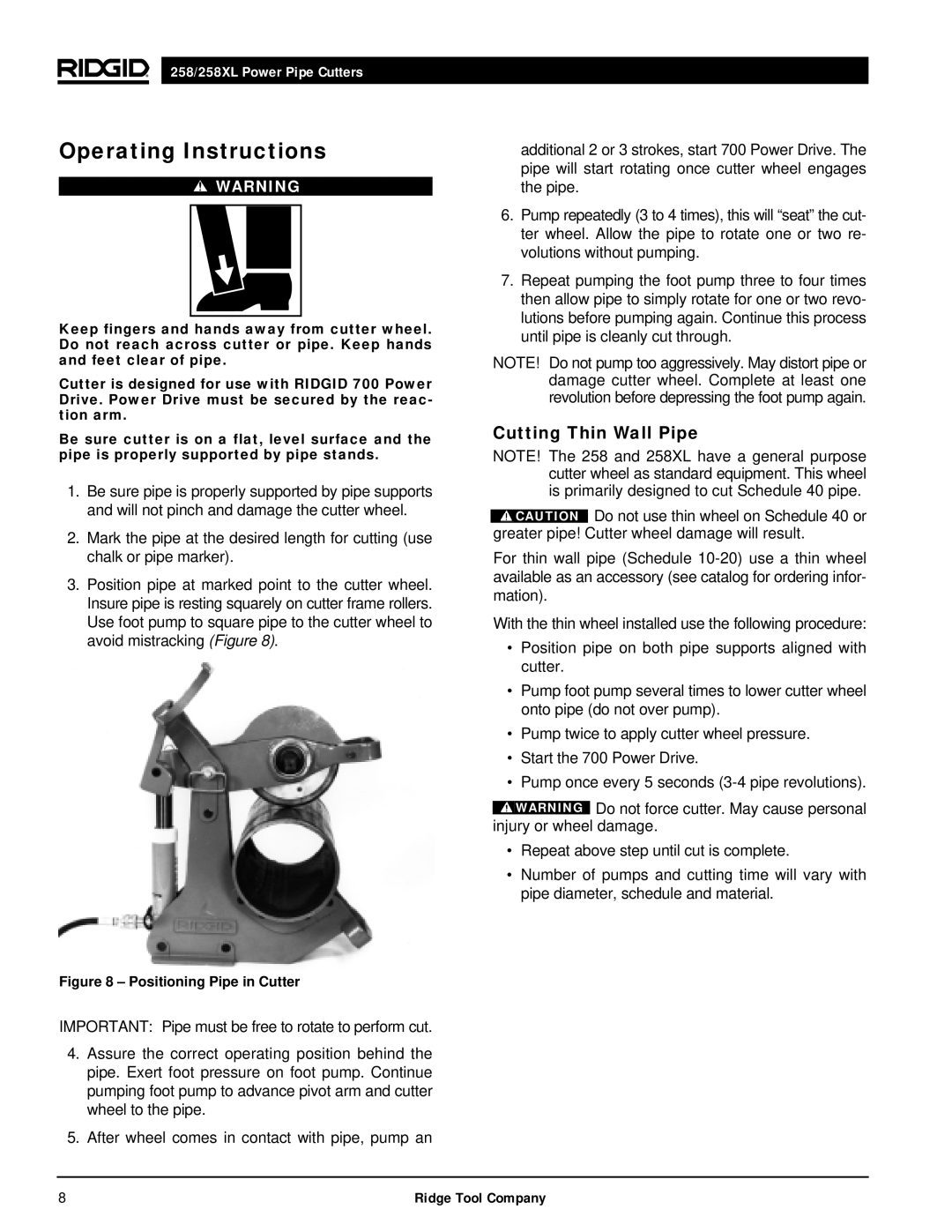 RIDGID 258XL manual Operating Instructions, Cutting Thin Wall Pipe 