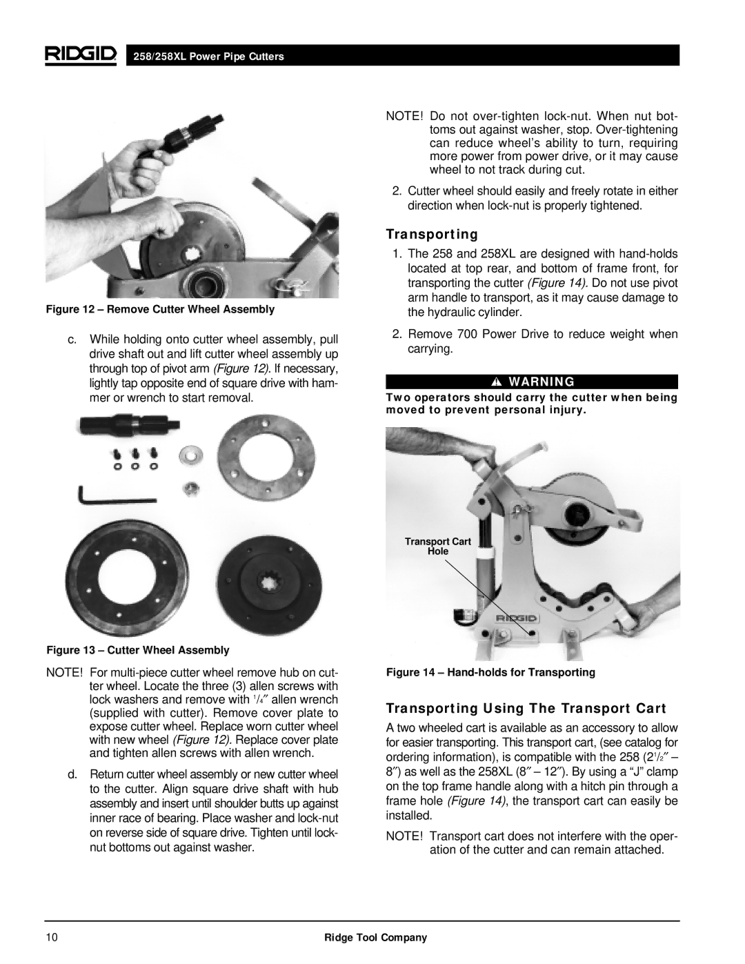 RIDGID 258XL manual Transporting Using The Transport Cart 