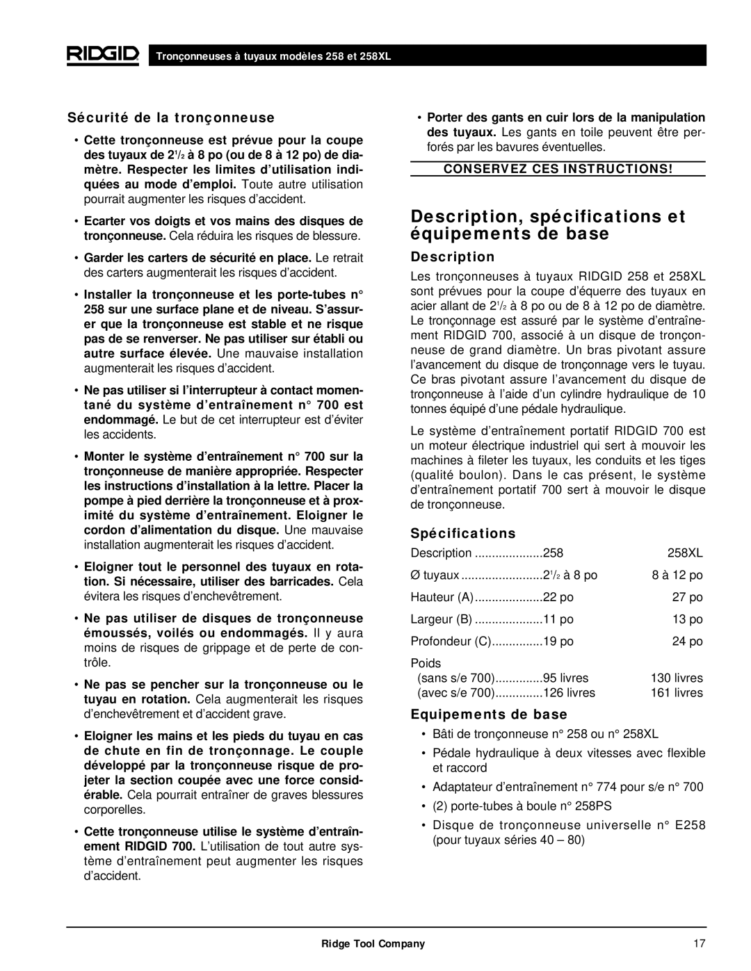 RIDGID 258XL manual Description, spécifications et équipements de base, Sécurité de la tronçonneuse, Spécifications 