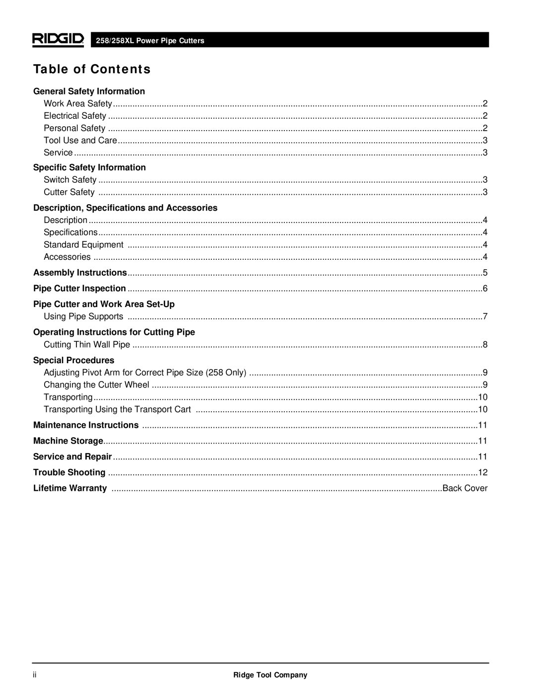 RIDGID 258XL manual Table of Contents 