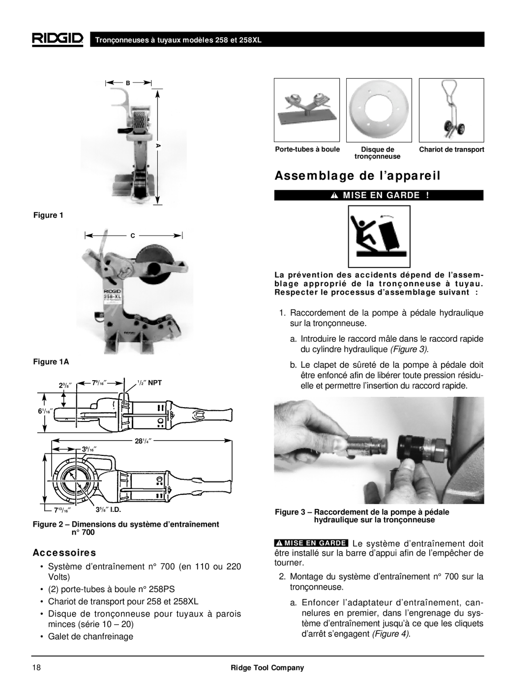 RIDGID 258XL manual Assemblage de l’appareil, Accessoires 