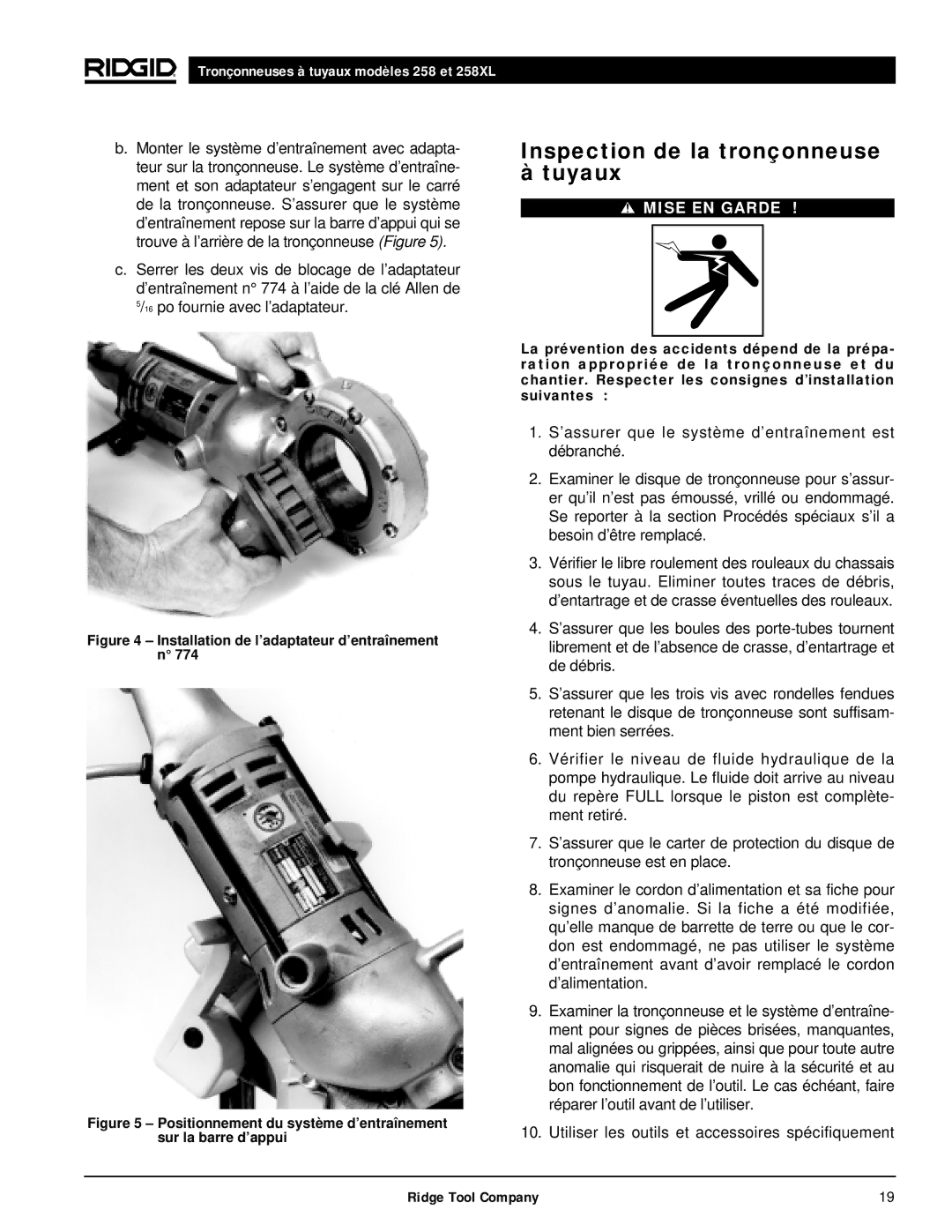 RIDGID 258XL manual Inspection de la tronçonneuse à tuyaux, Installation de l’adaptateur d’entraînement n 