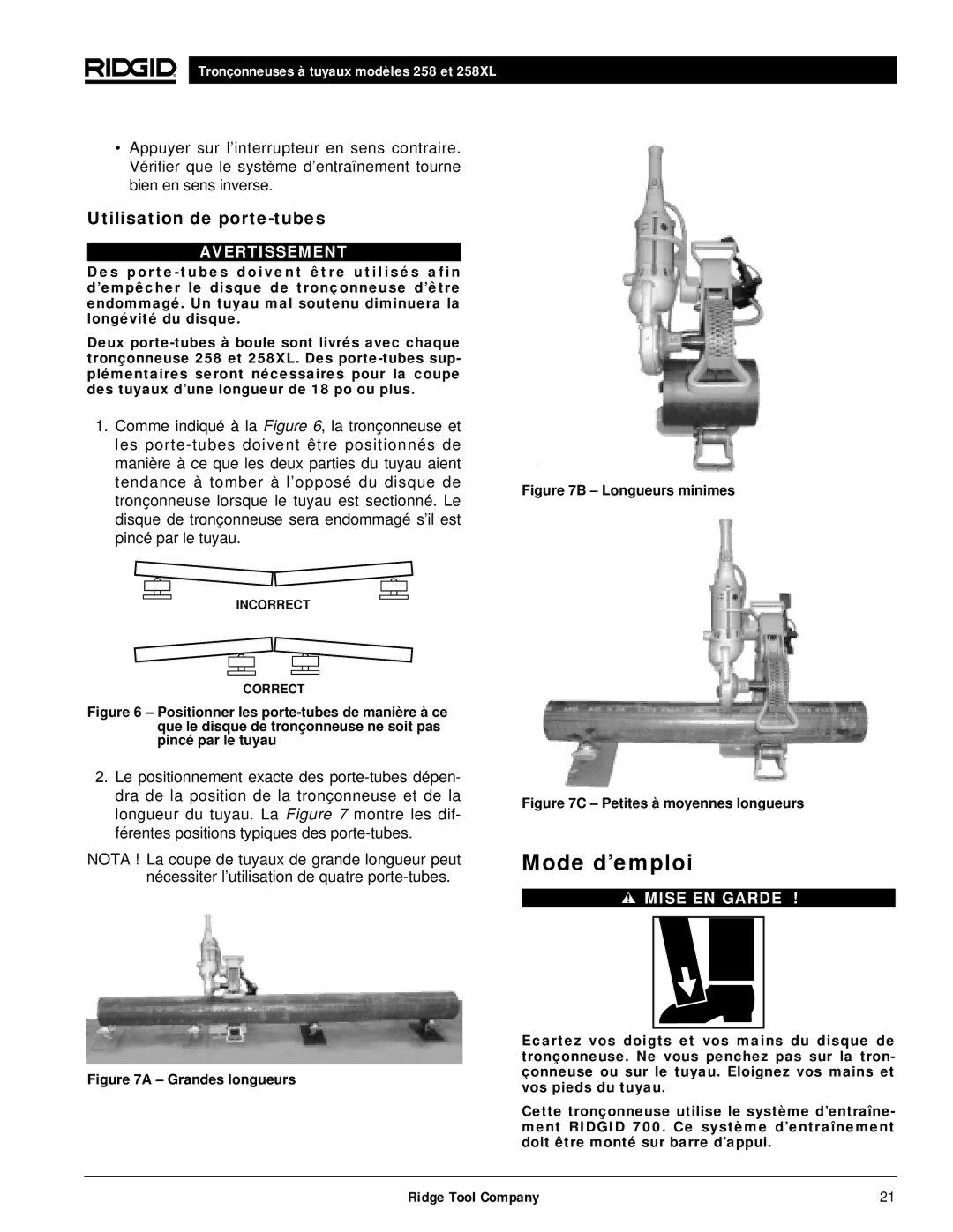 RIDGID 258XL manual Mode d’emploi, Utilisation de porte-tubes 