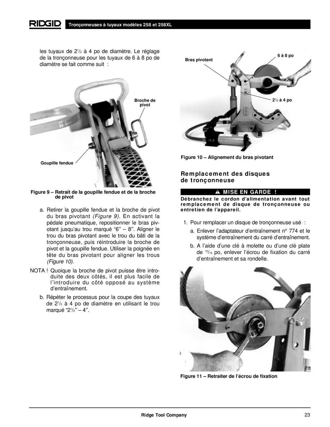 RIDGID 258XL manual Remplacement des disques de tronçonneuse, Retrait de la goupille fendue et de la broche de pivot 