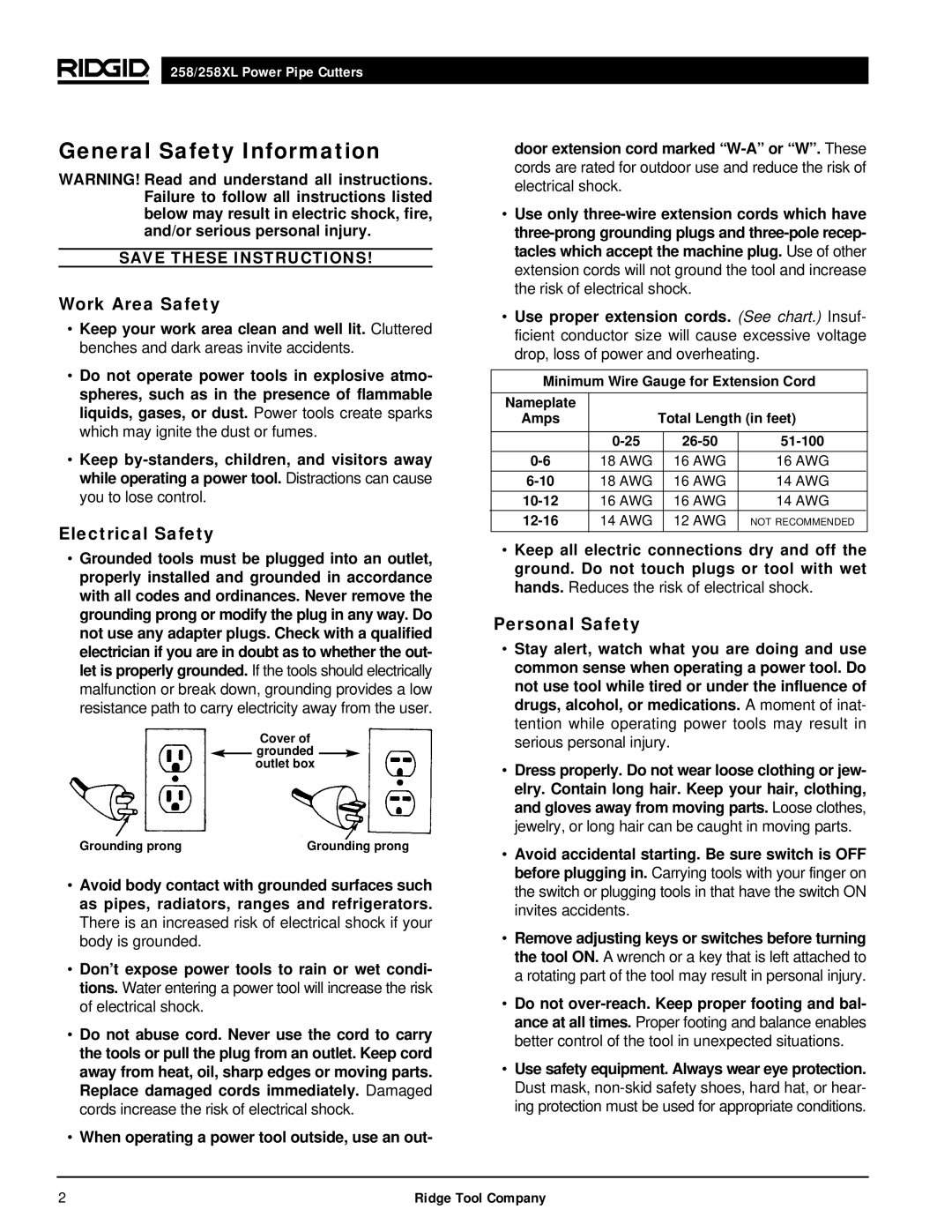 RIDGID 258XL manual General Safety Information, Work Area Safety, Electrical Safety, Personal Safety 