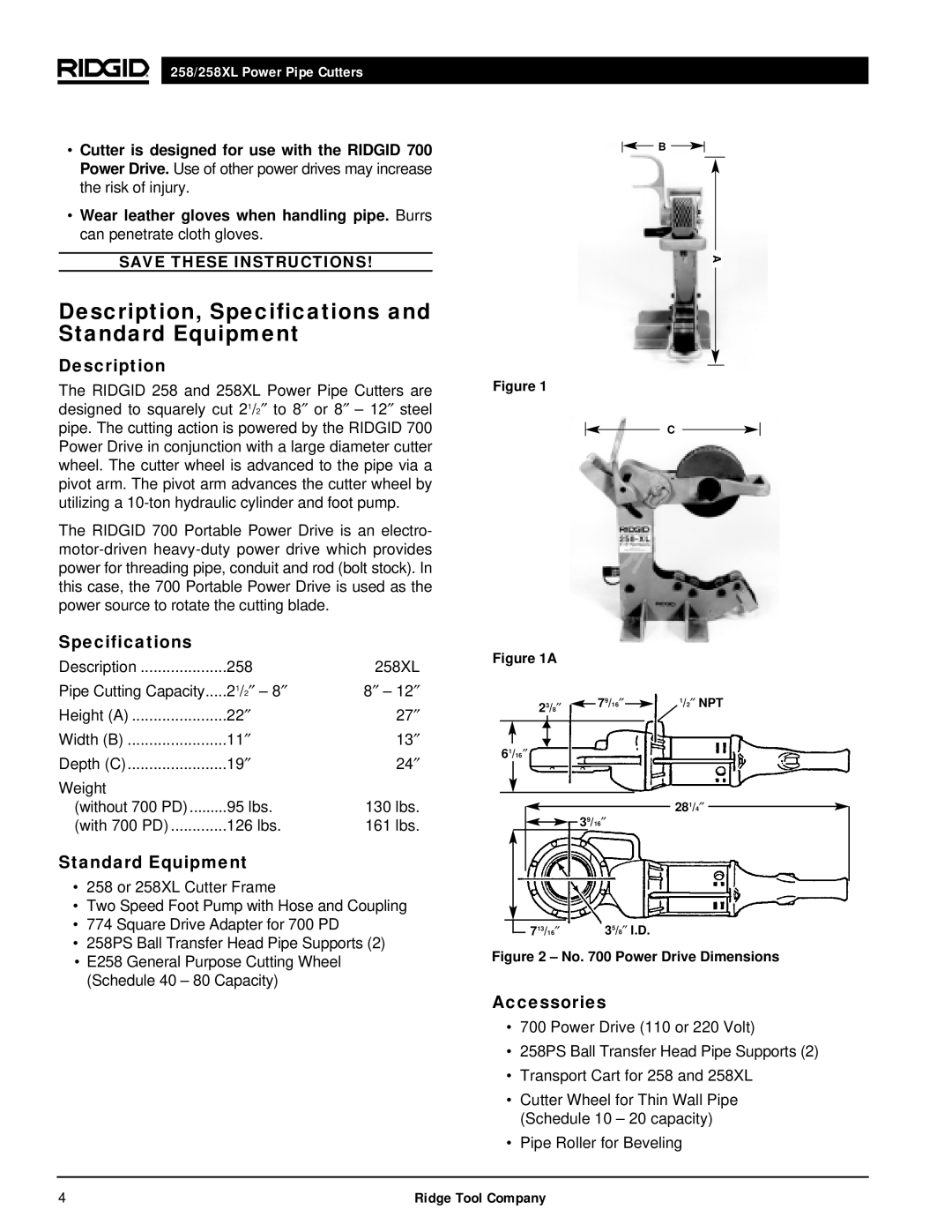 RIDGID 258XL manual Description, Specifications and Standard Equipment, Accessories 