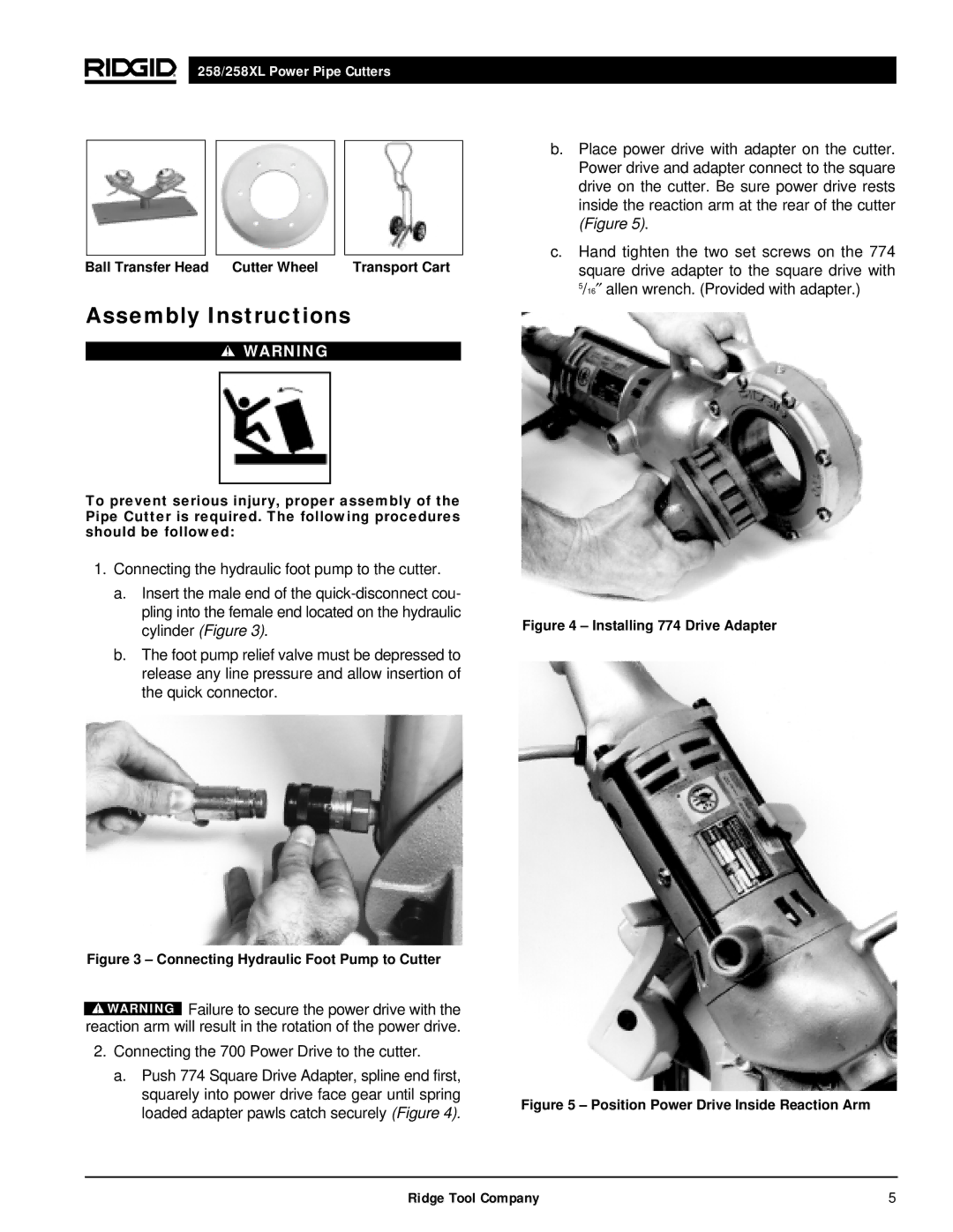 RIDGID 258XL manual Assembly Instructions, Connecting Hydraulic Foot Pump to Cutter 